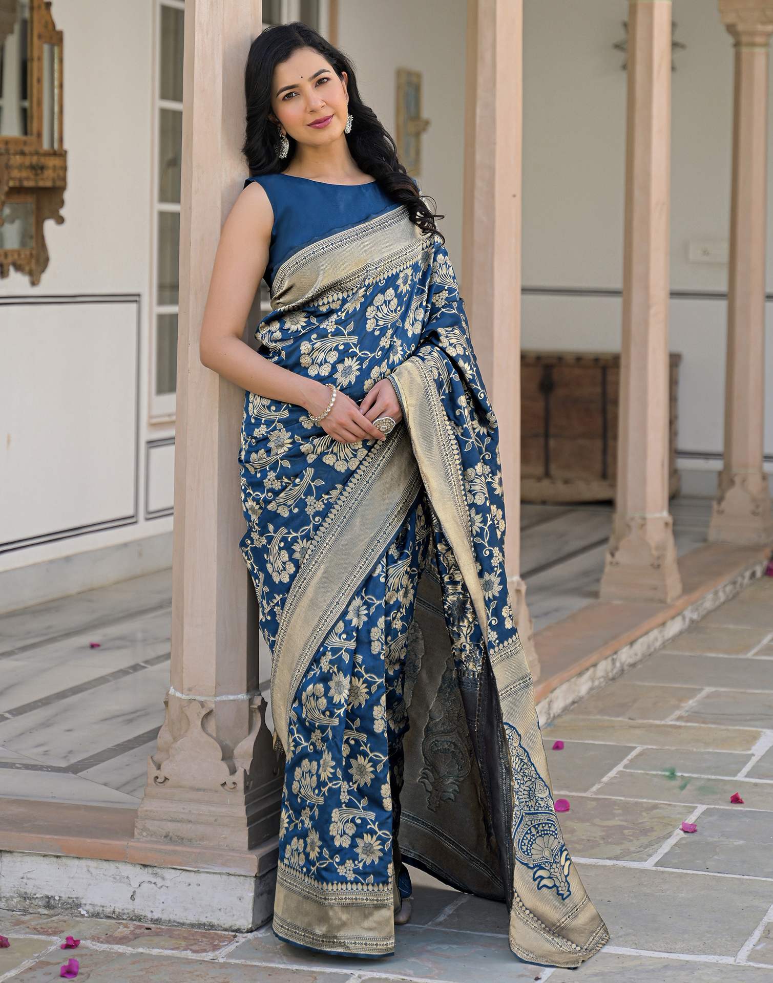 Dark Blue Silk Woven Banarasi Saree