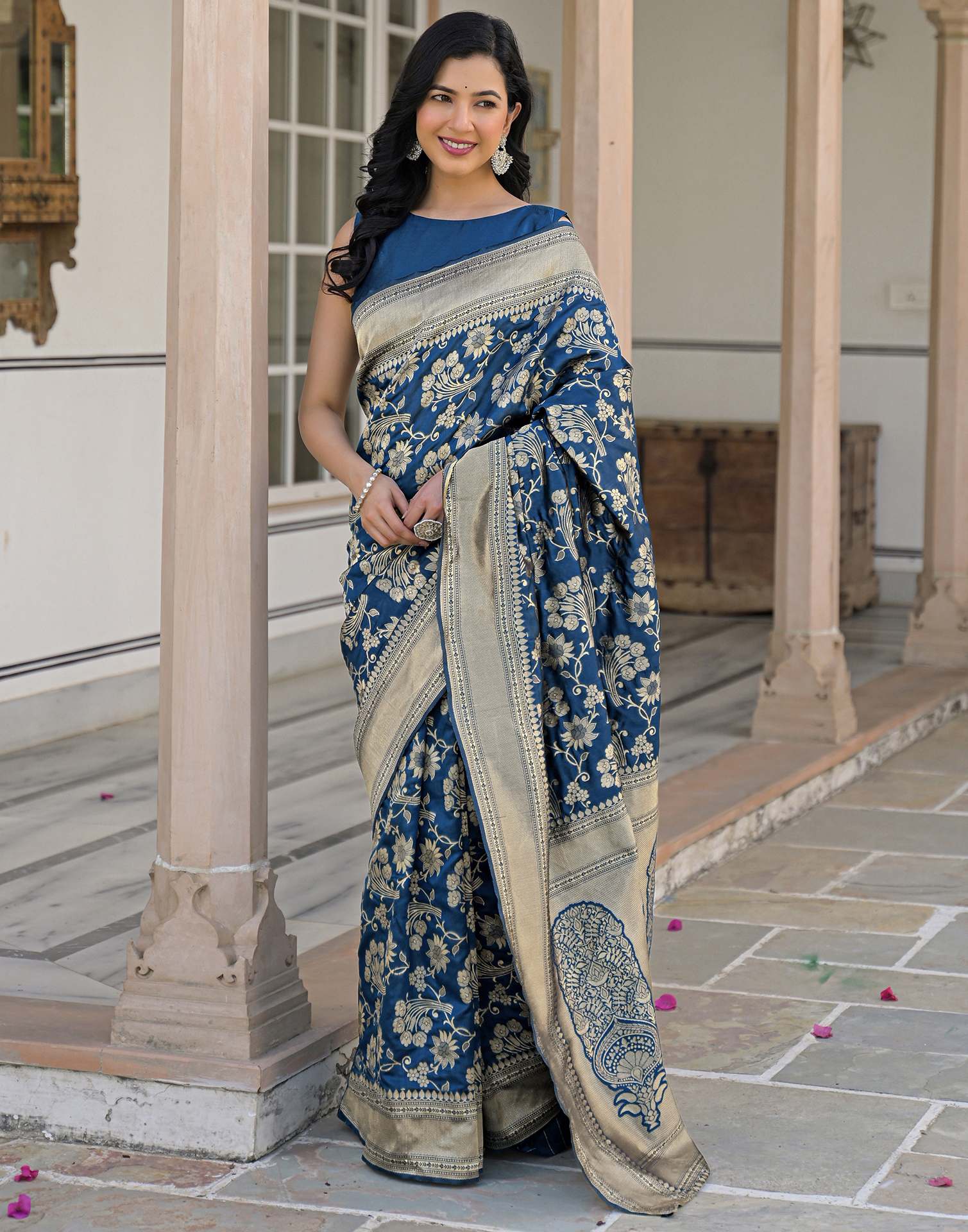 Dark Blue Silk Woven Banarasi Saree