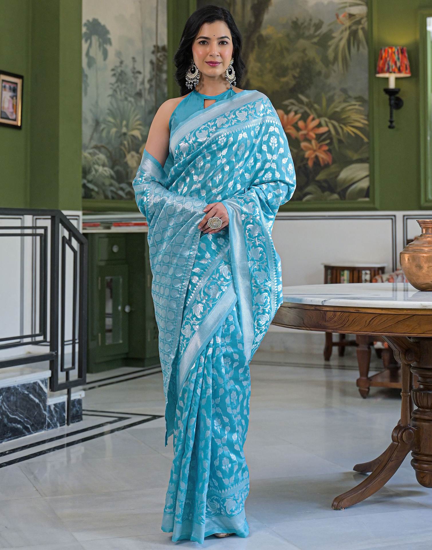 Sky Blue Silk Woven Bananrasi Saree