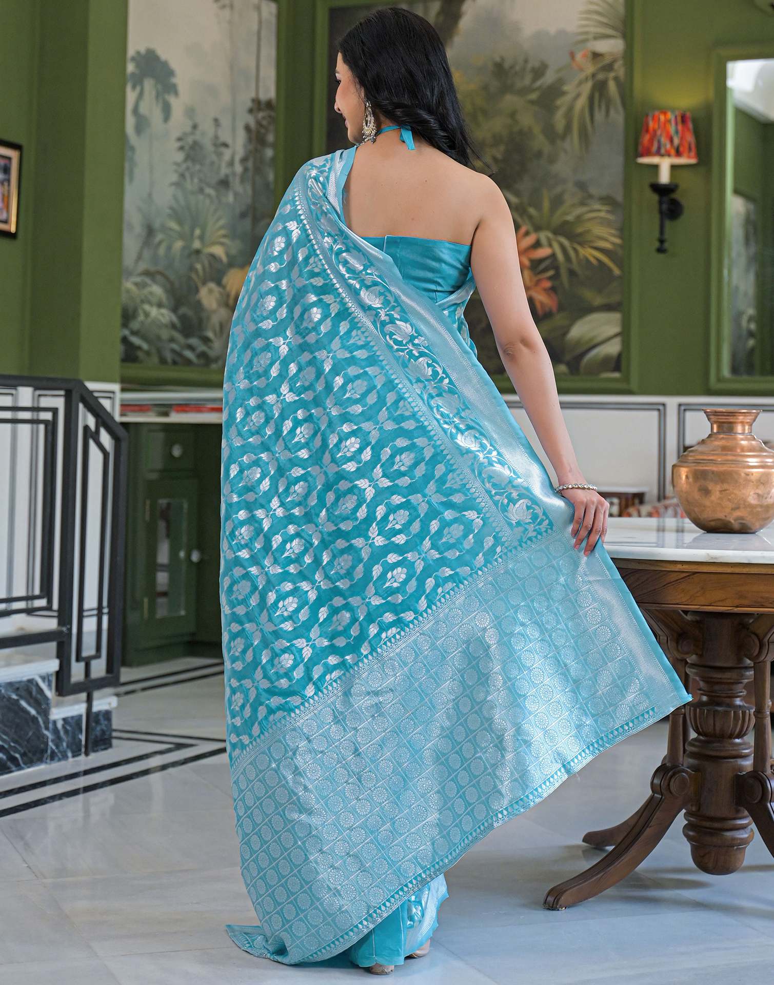 Sky Blue Silk Woven Bananrasi Saree