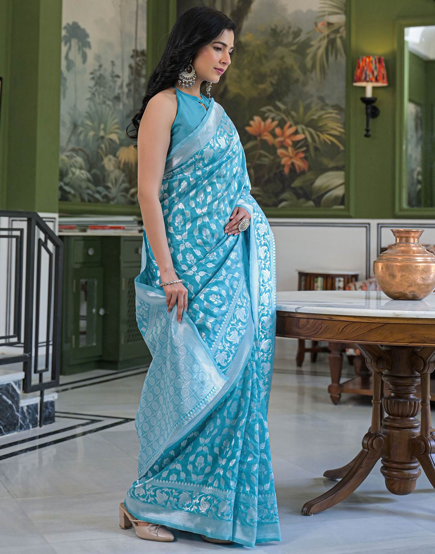 Sky Blue Silk Woven Bananrasi Saree