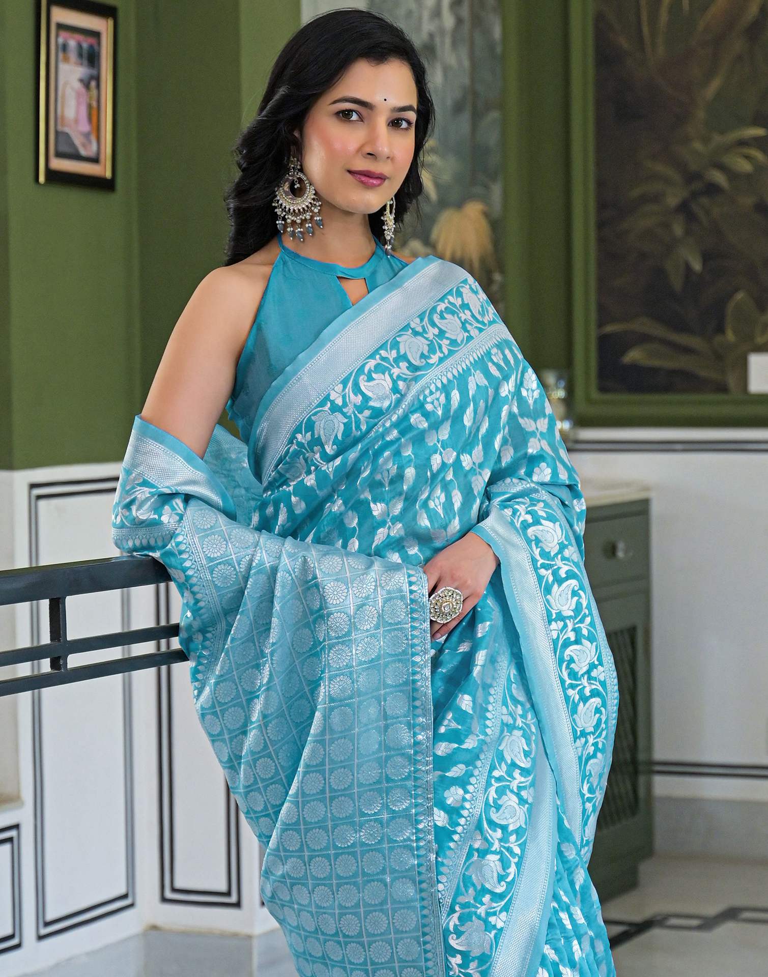 Sky Blue Silk Woven Bananrasi Saree