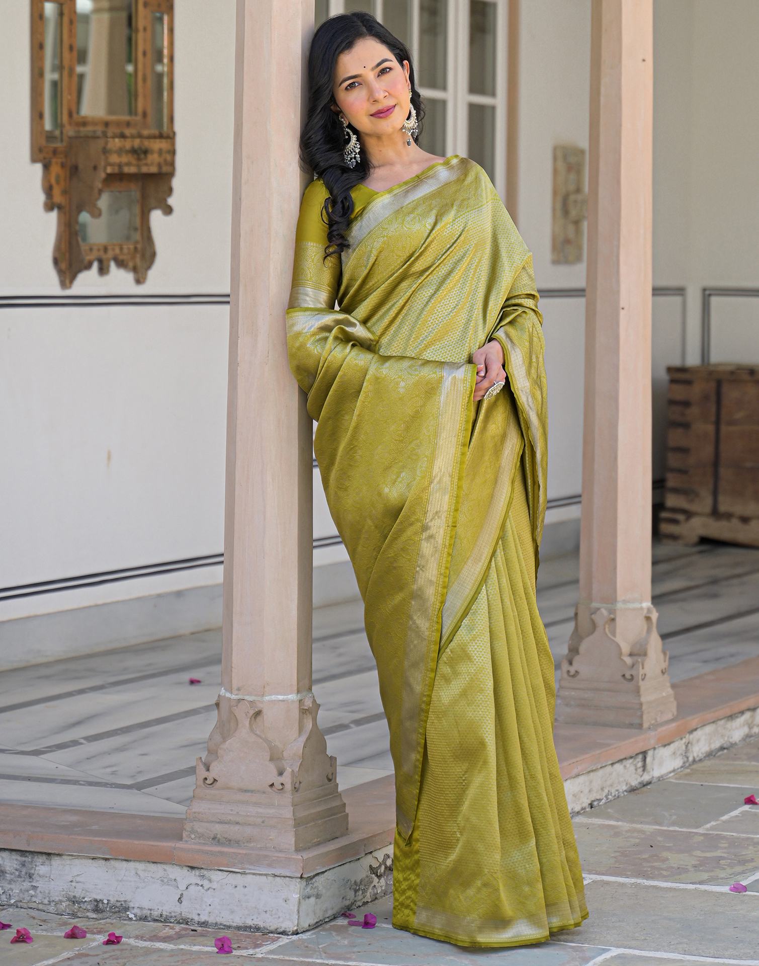 Olive Green Silk Woven Bananrasi Saree