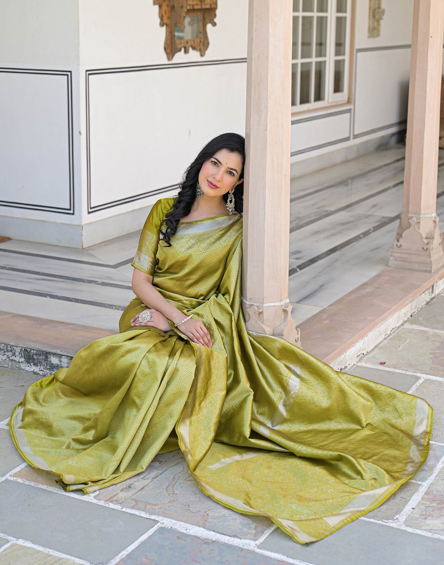 Olive Green Silk Woven Bananrasi Saree