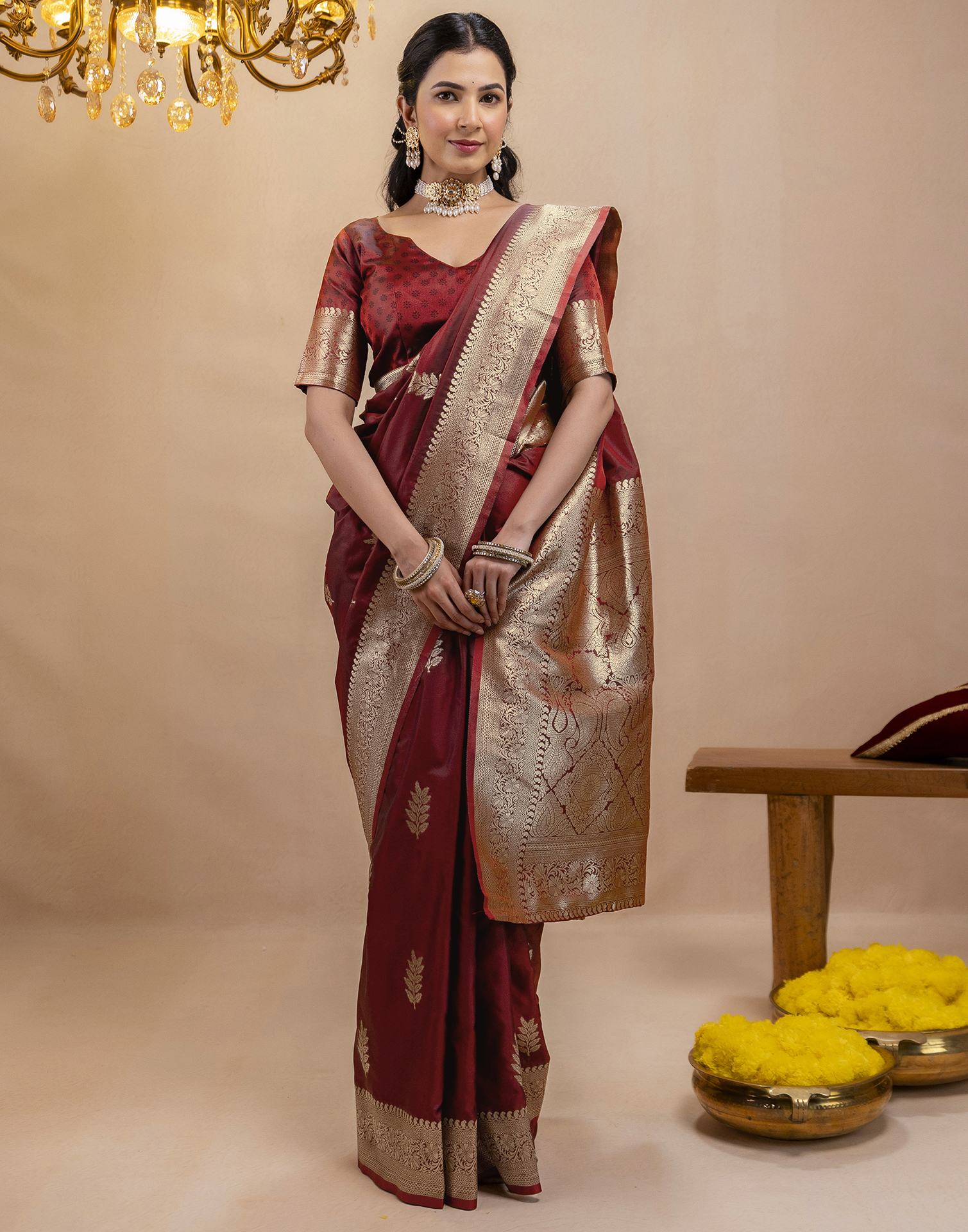 Dark Maroon Silk Woven Banarasi Saree