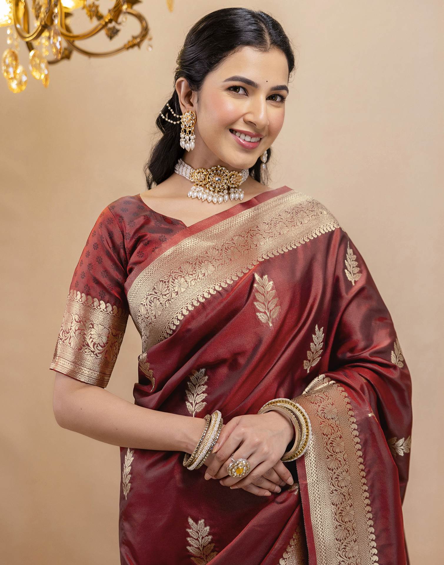 Dark Maroon Silk Woven Banarasi Saree