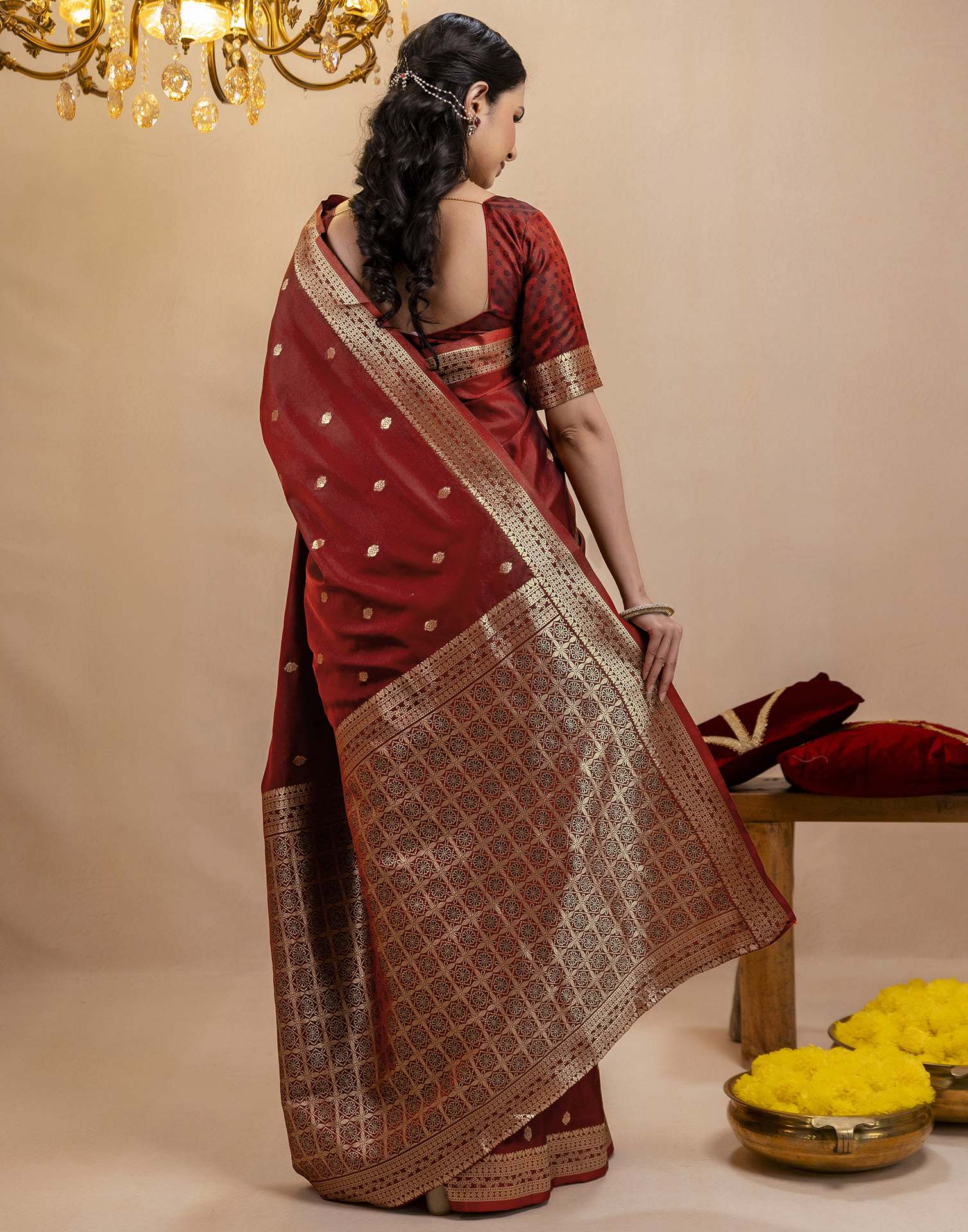 Dark Maroon Silk Woven Banarasi Saree