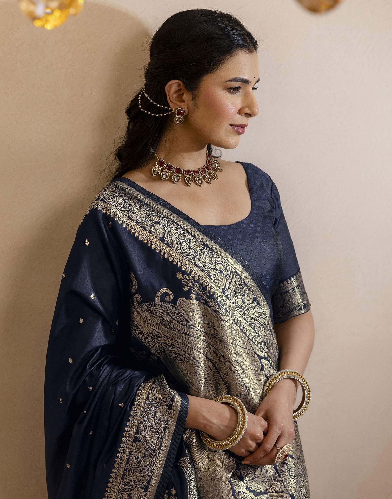 Navy Blue Silk Woven Banarasi Saree