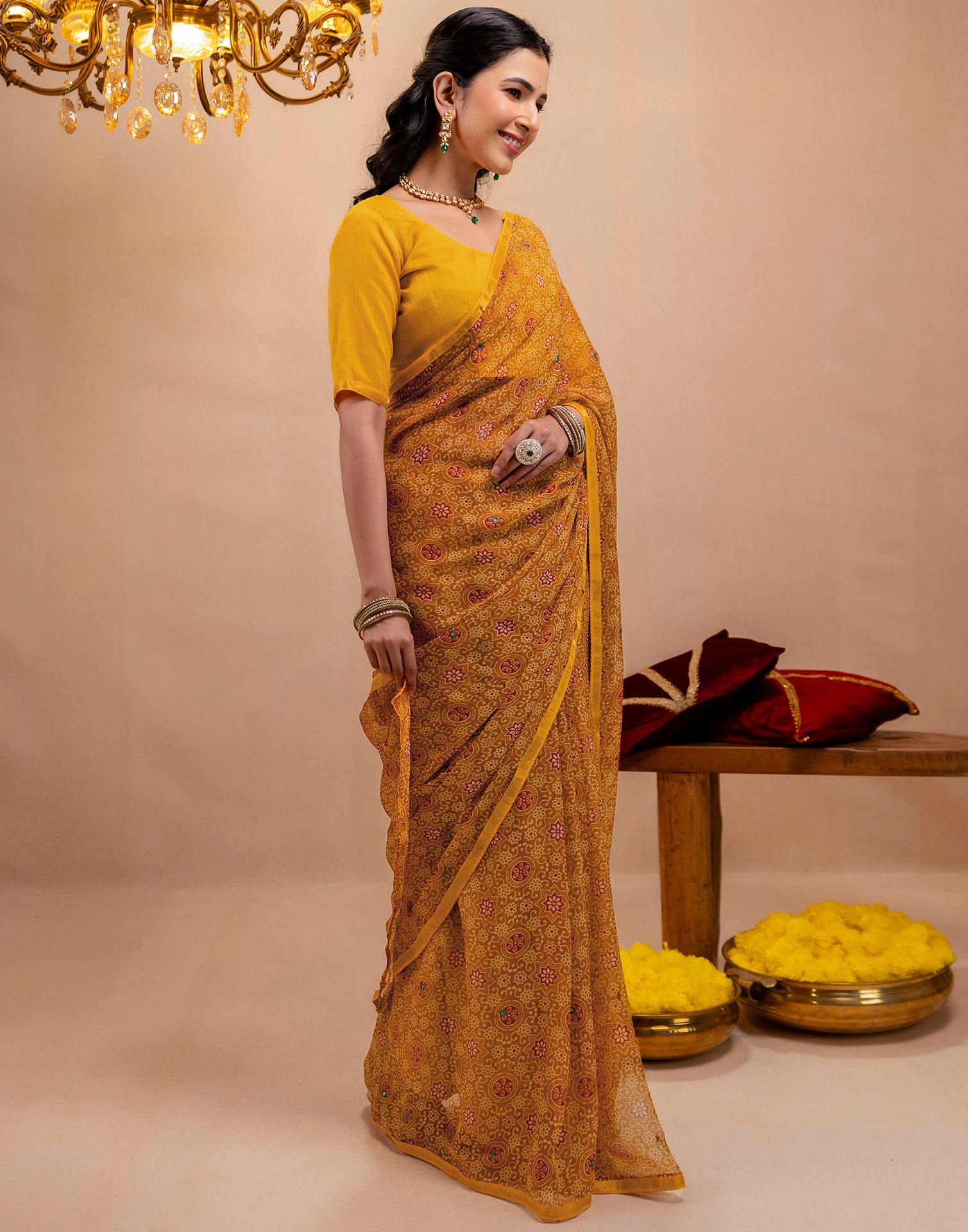 Dark Mustard Yellow Chiffon Printed Saree