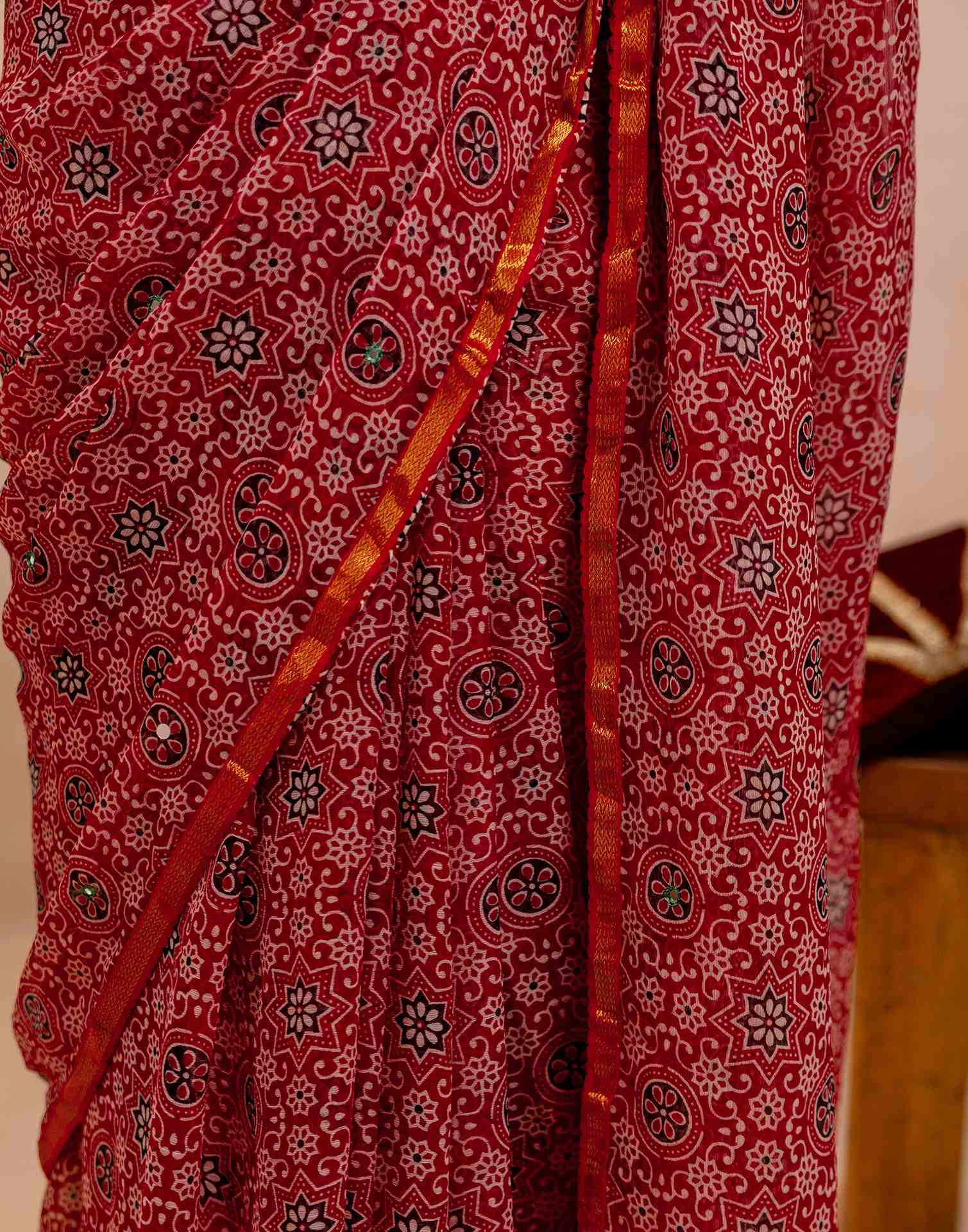 Red Chiffon Printed Saree