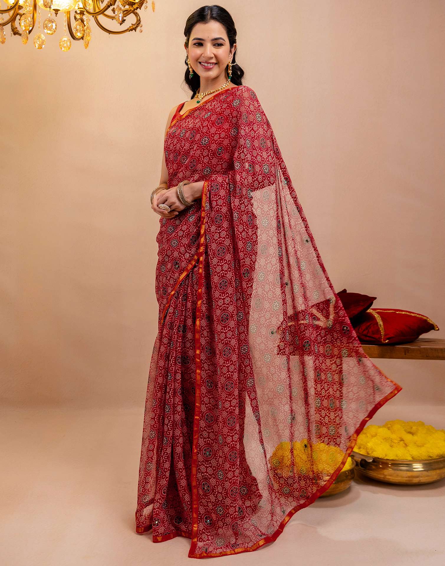 Red Chiffon Printed Saree