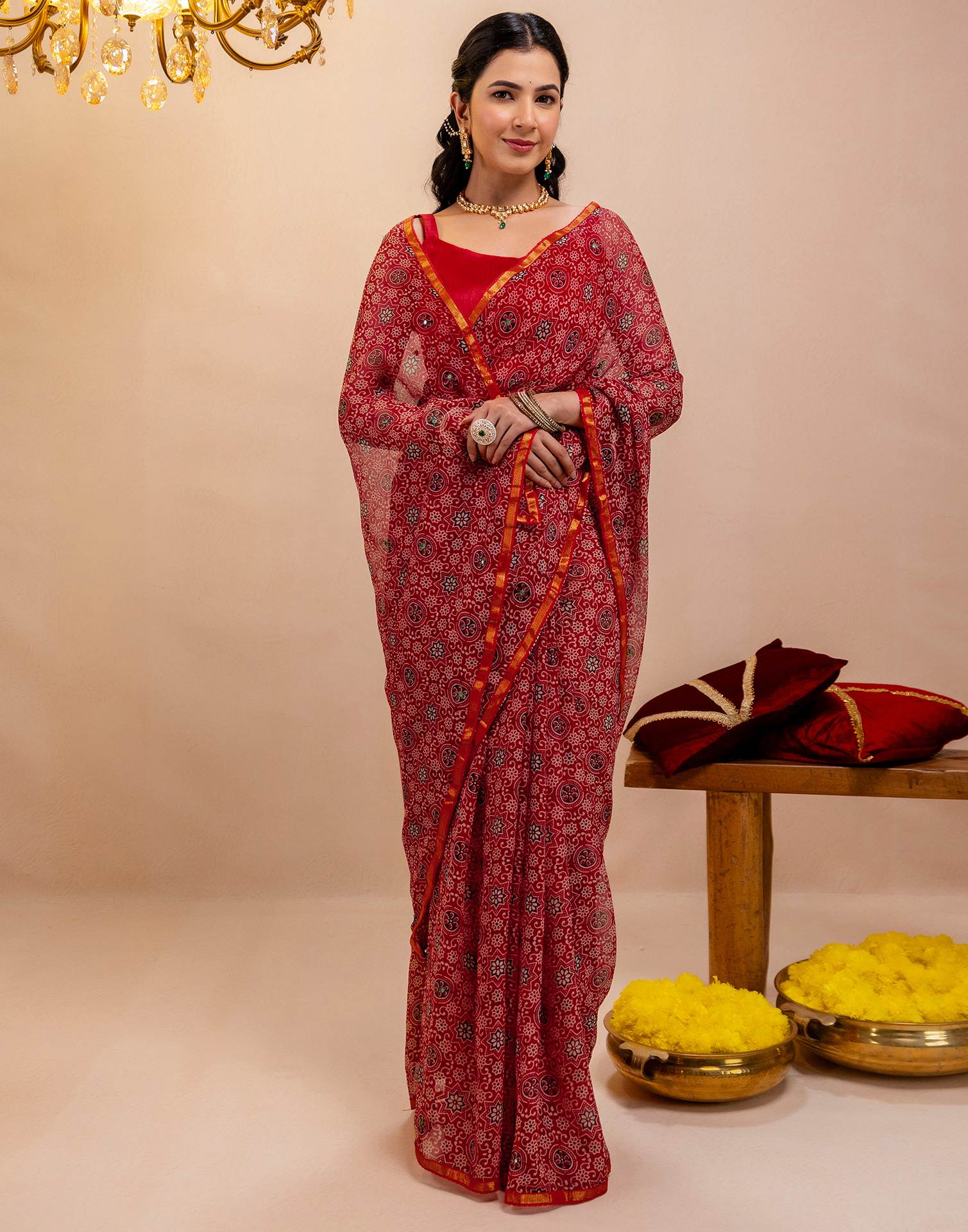 Red Chiffon Printed Saree