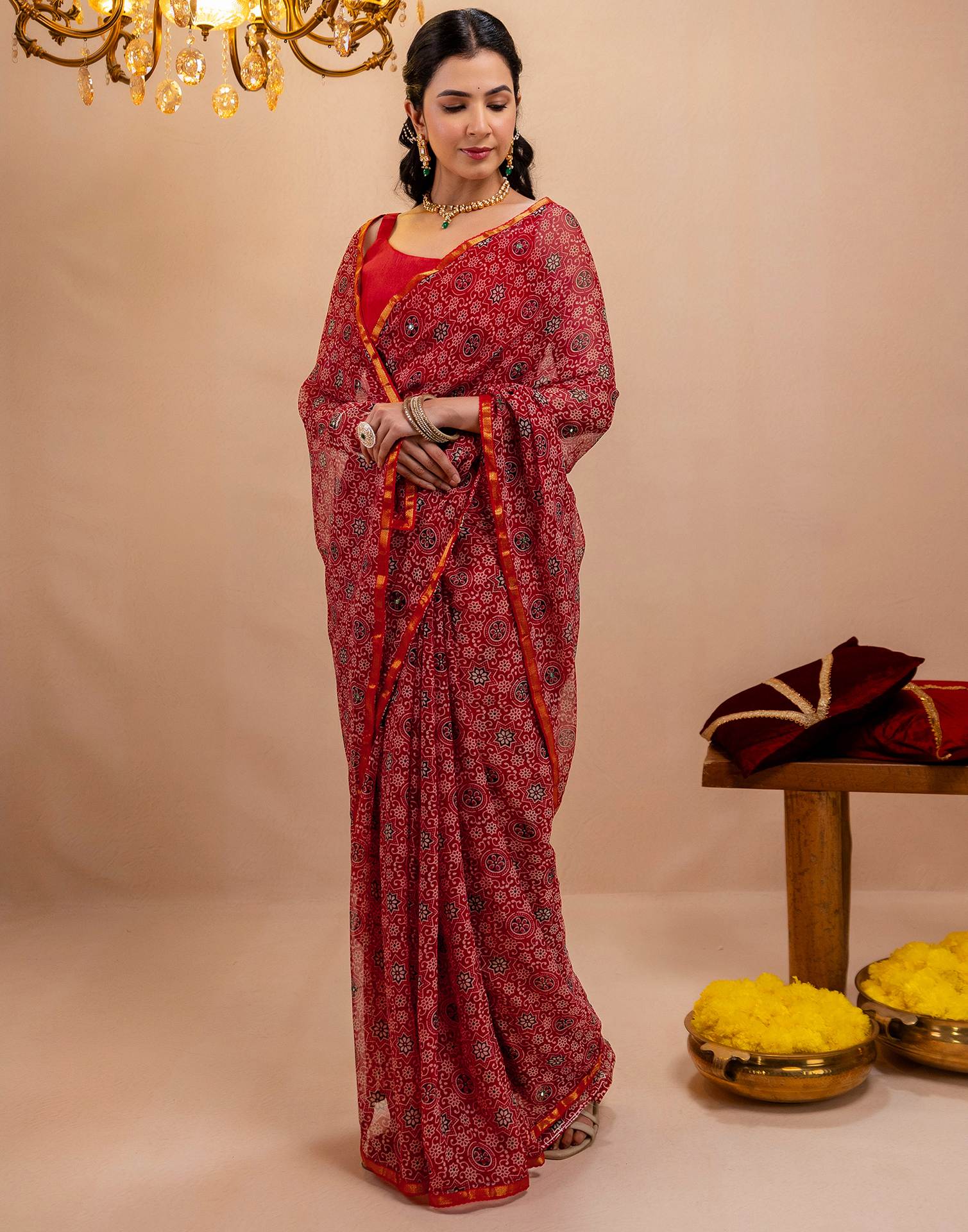 Red Chiffon Printed Saree