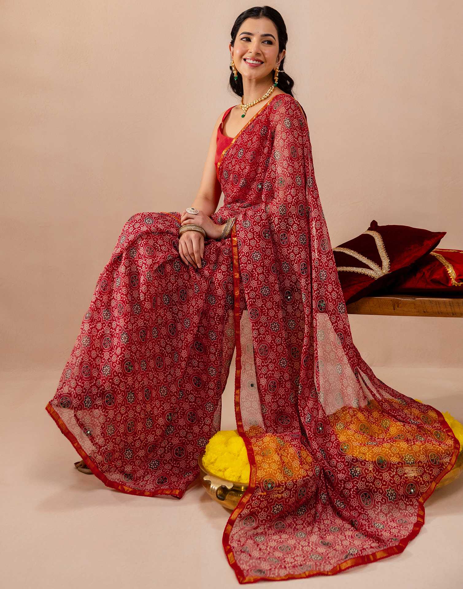 Red Chiffon Printed Saree