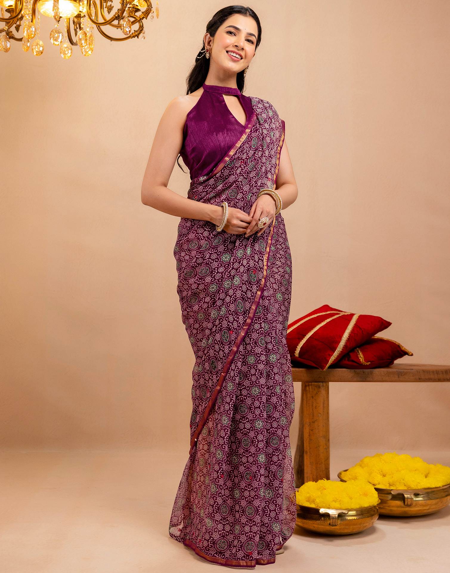 Purple Chiffon Printed Saree