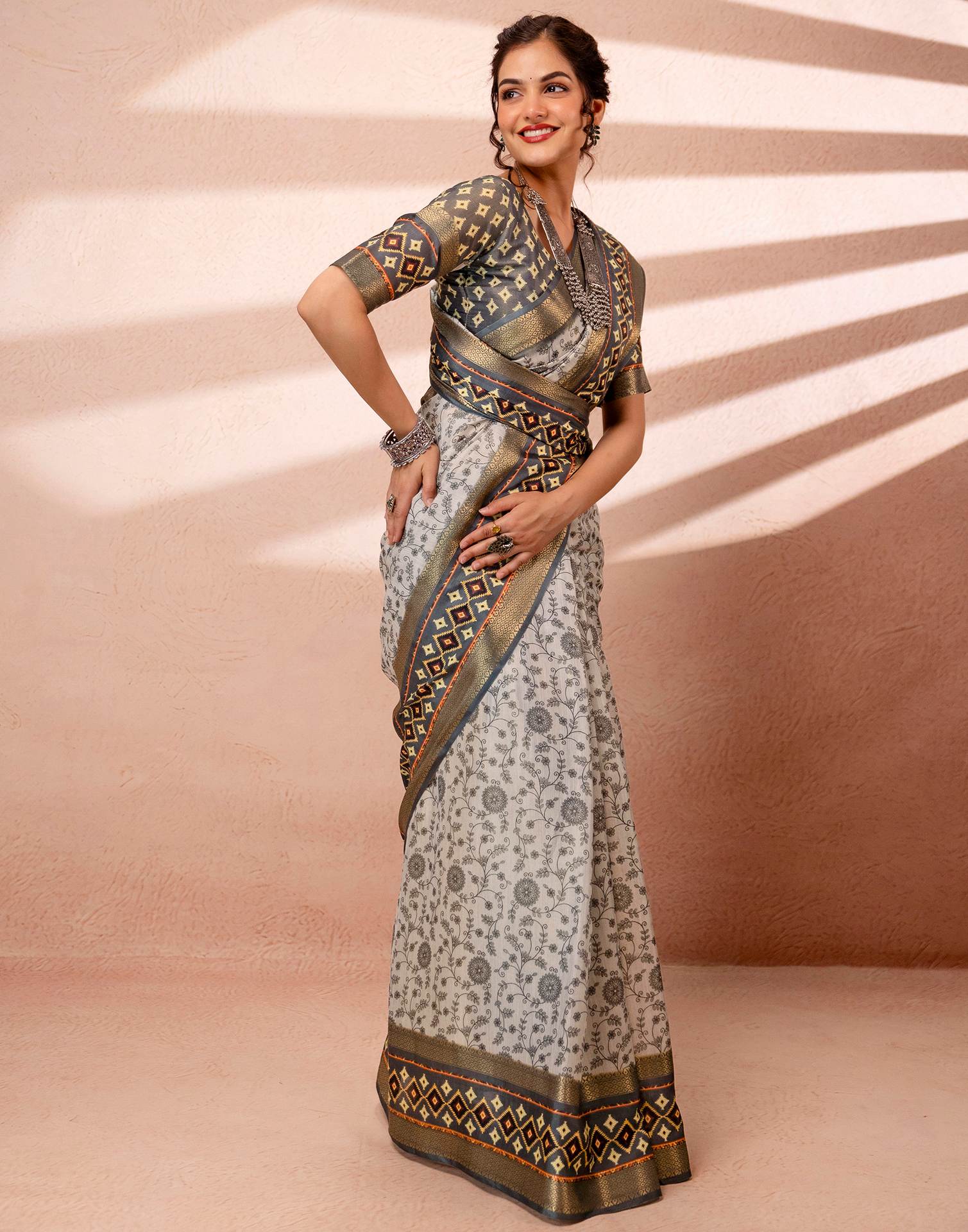 Off White Cotton Silk Printed Woven Border Saree