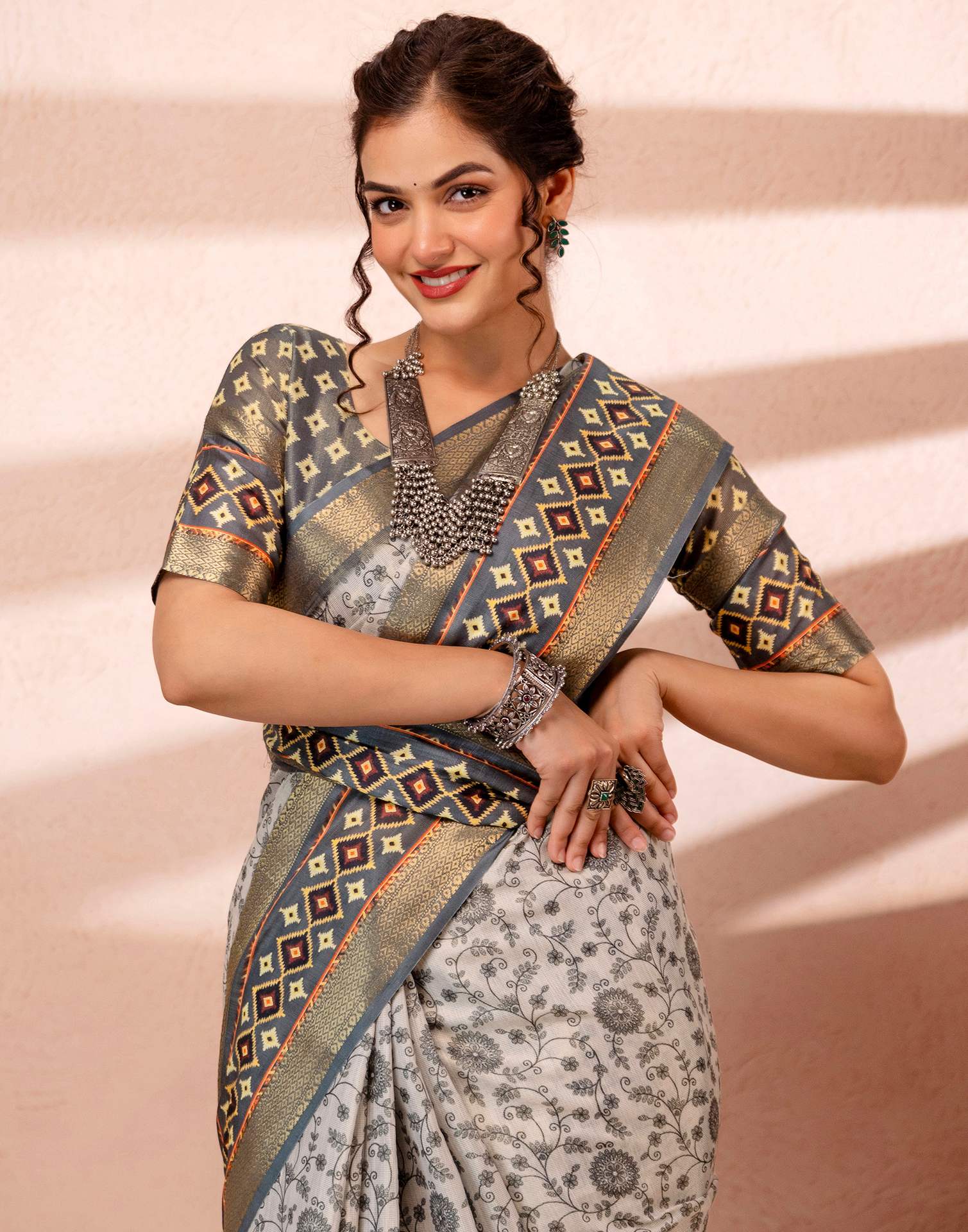 Off White Cotton Silk Printed Woven Border Saree