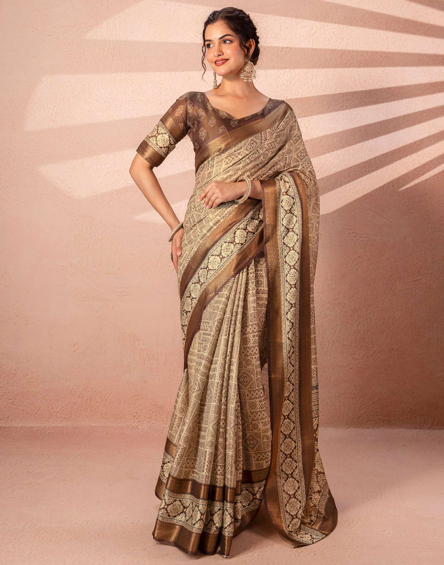 Beige Cotton Silk Printed Woven Border Saree