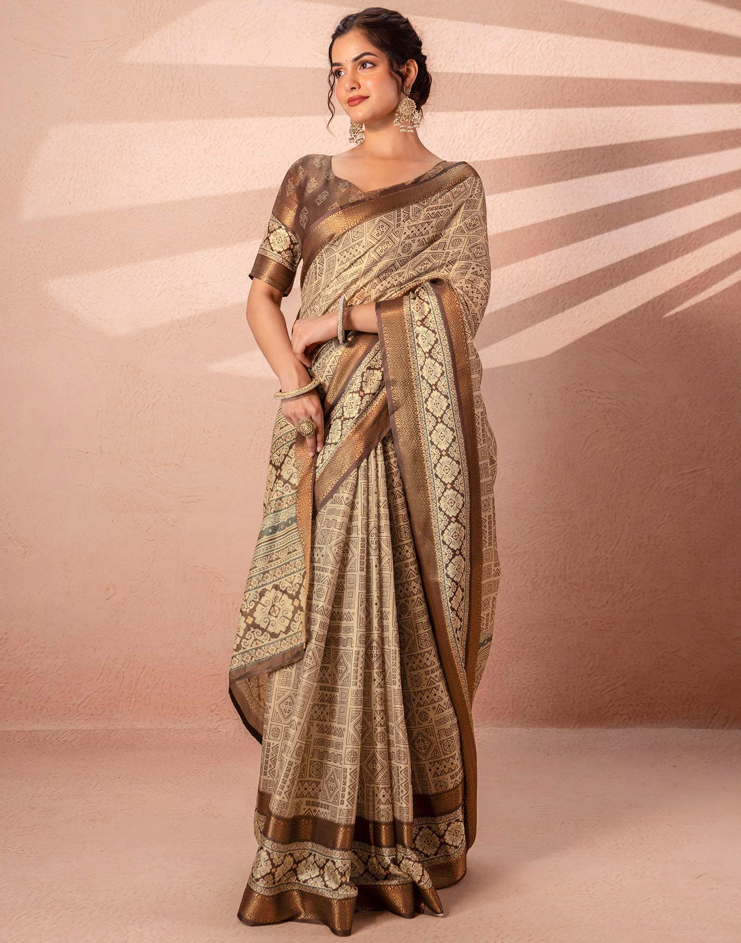 Beige Cotton Silk Printed Woven Border Saree