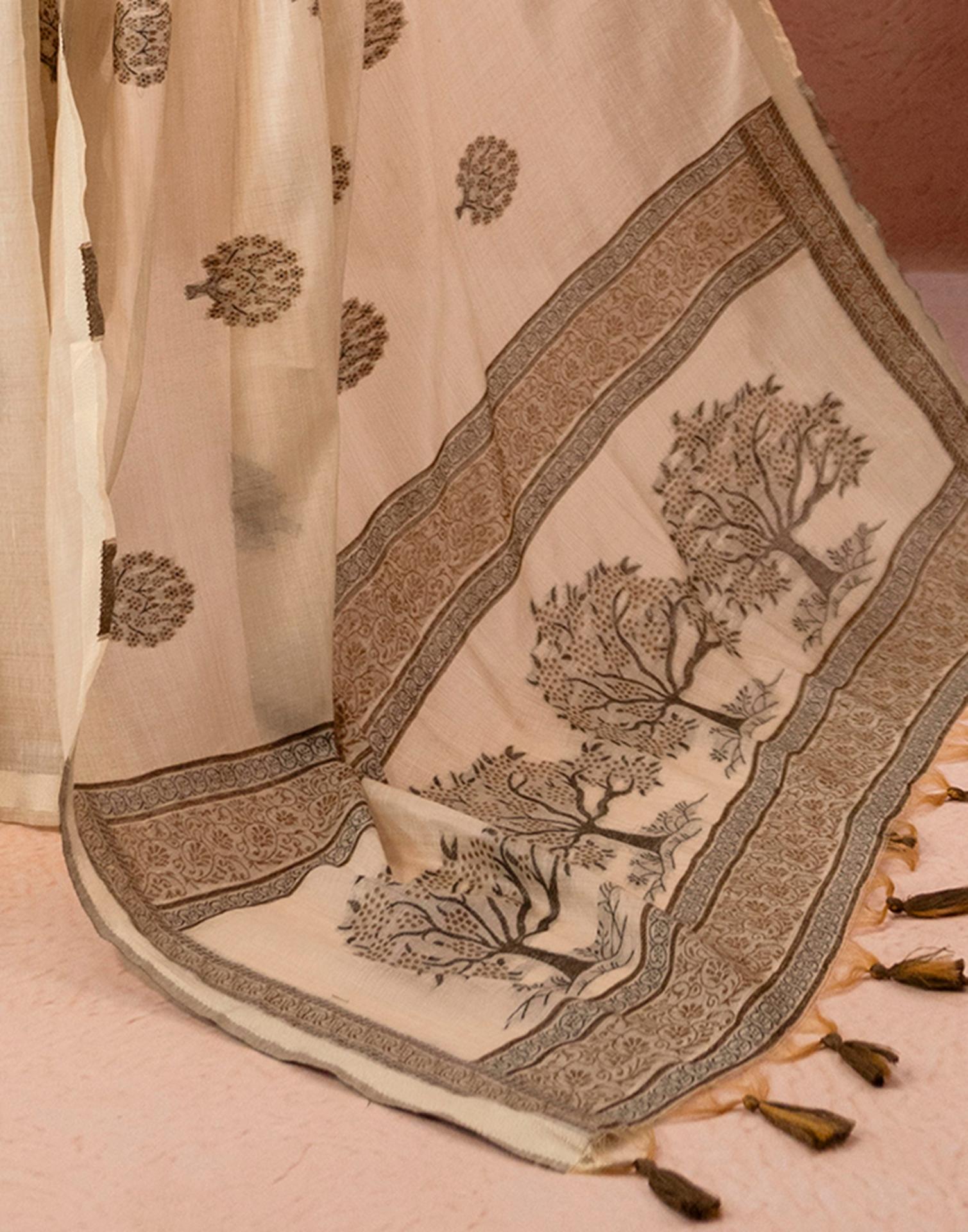Light Beige Chanderi Cotton Woven Saree