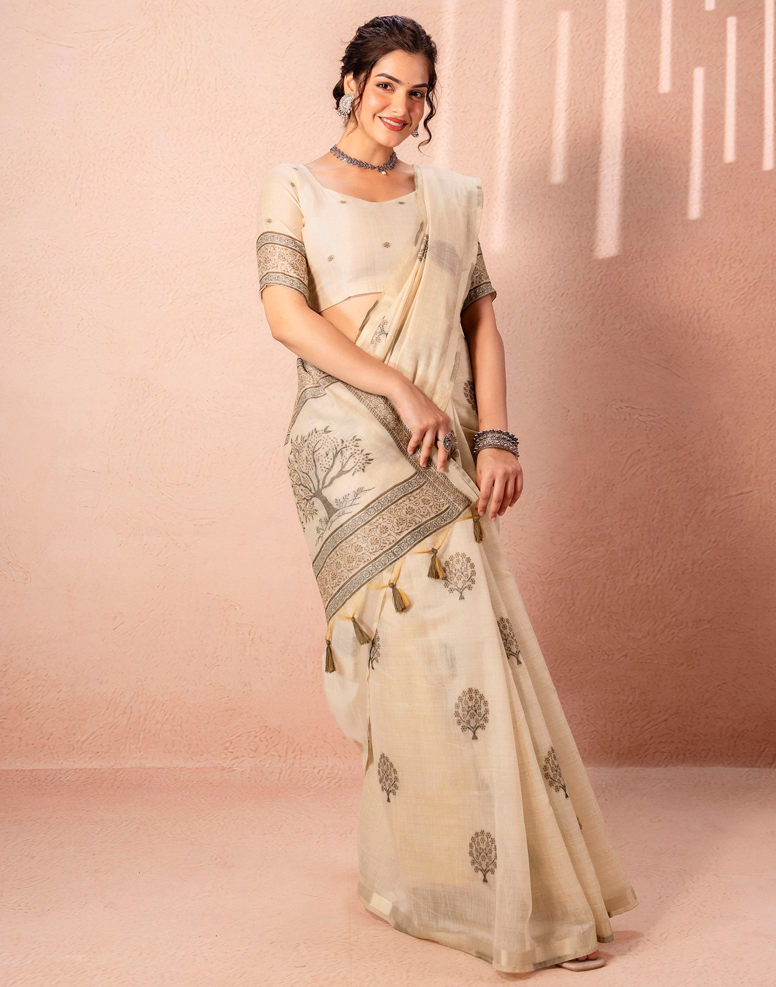 Light Beige Chanderi Cotton Woven Saree
