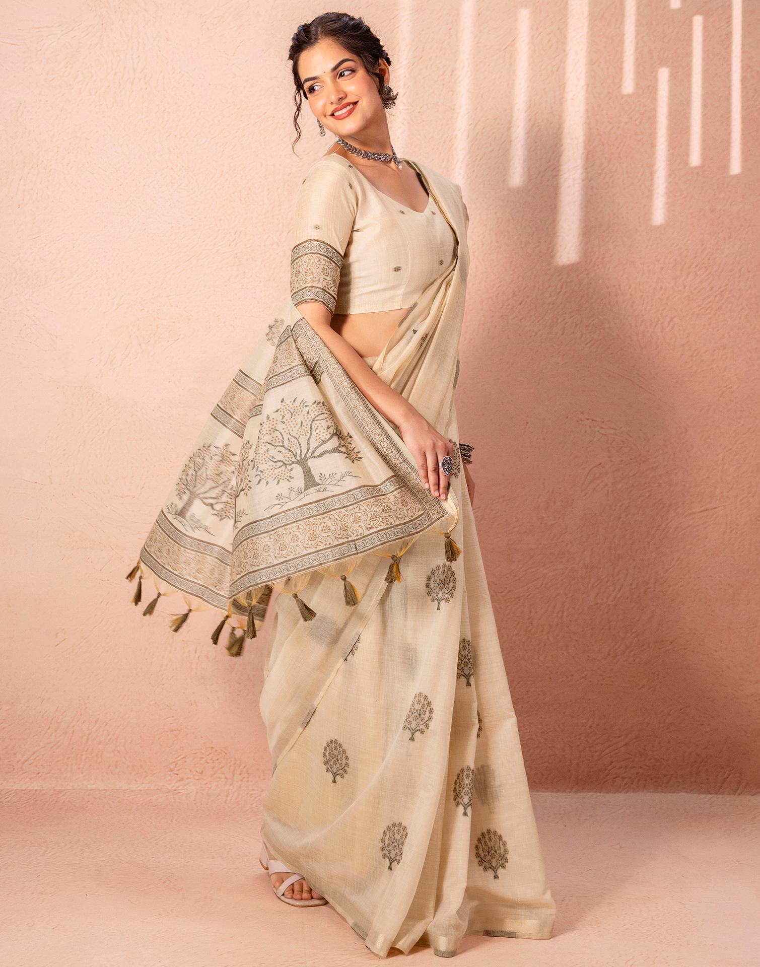 Light Beige Chanderi Cotton Woven Saree
