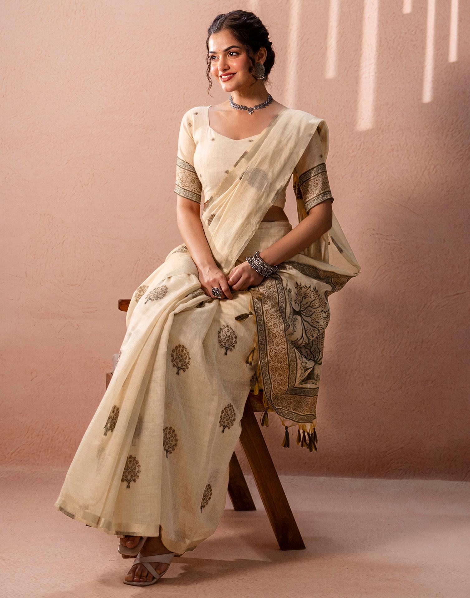Light Beige Chanderi Cotton Woven Saree