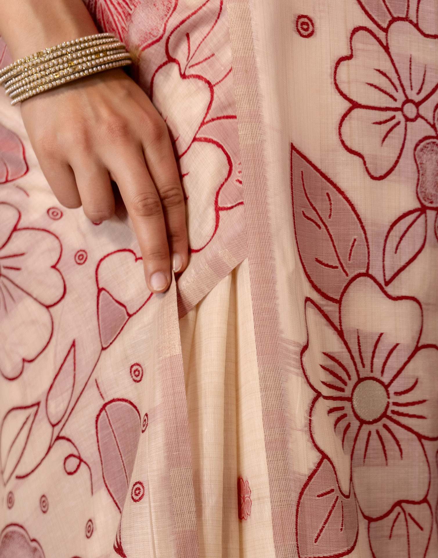 Beige Chanderi Cotton Woven Saree