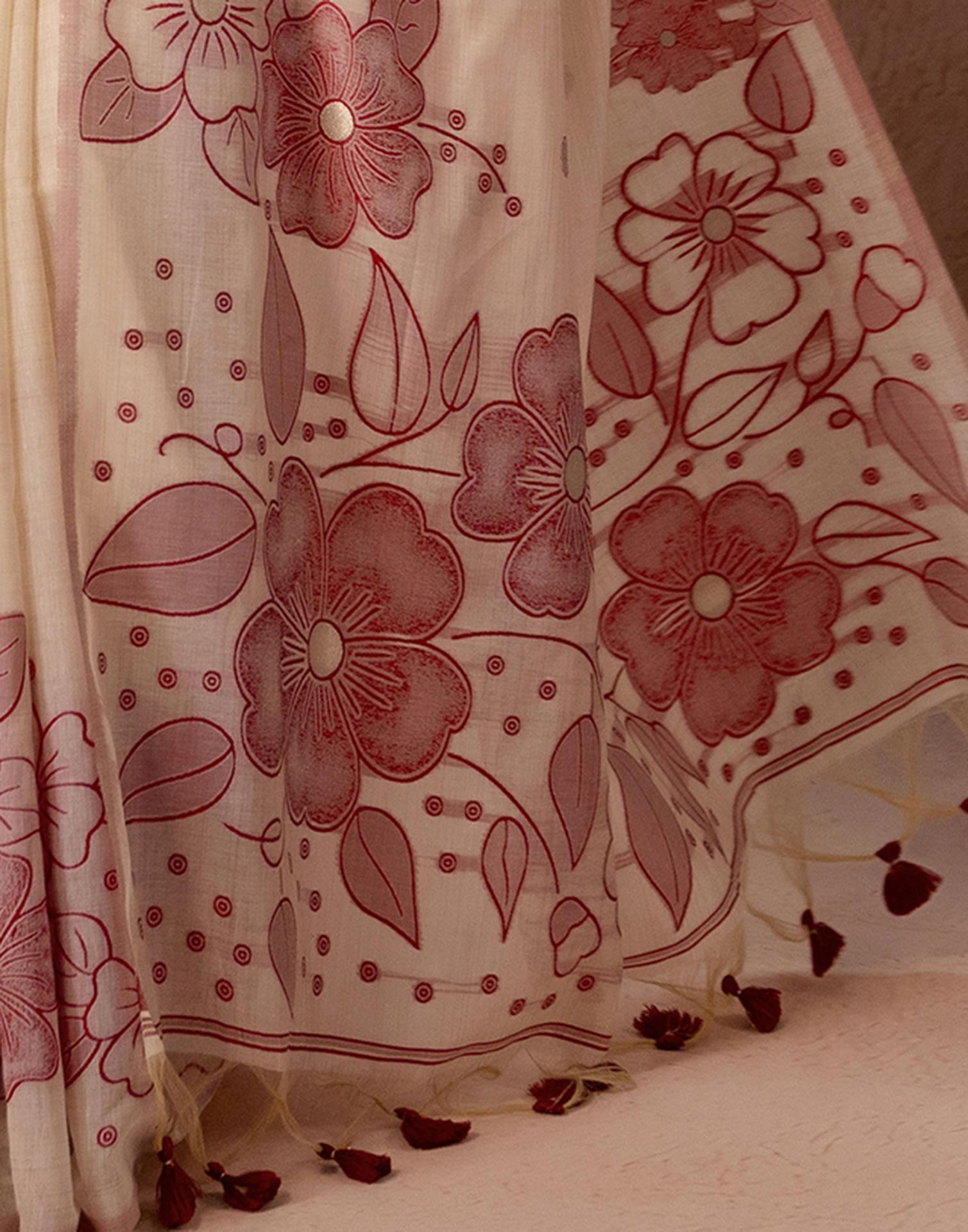 Beige Chanderi Cotton Woven Saree