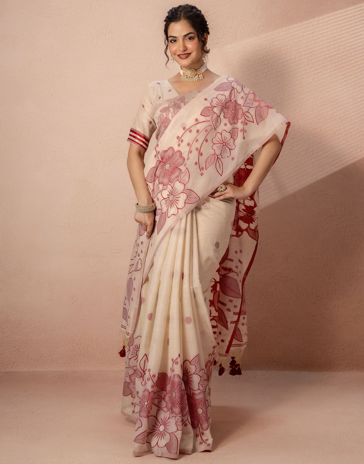 Beige Chanderi Cotton Woven Saree