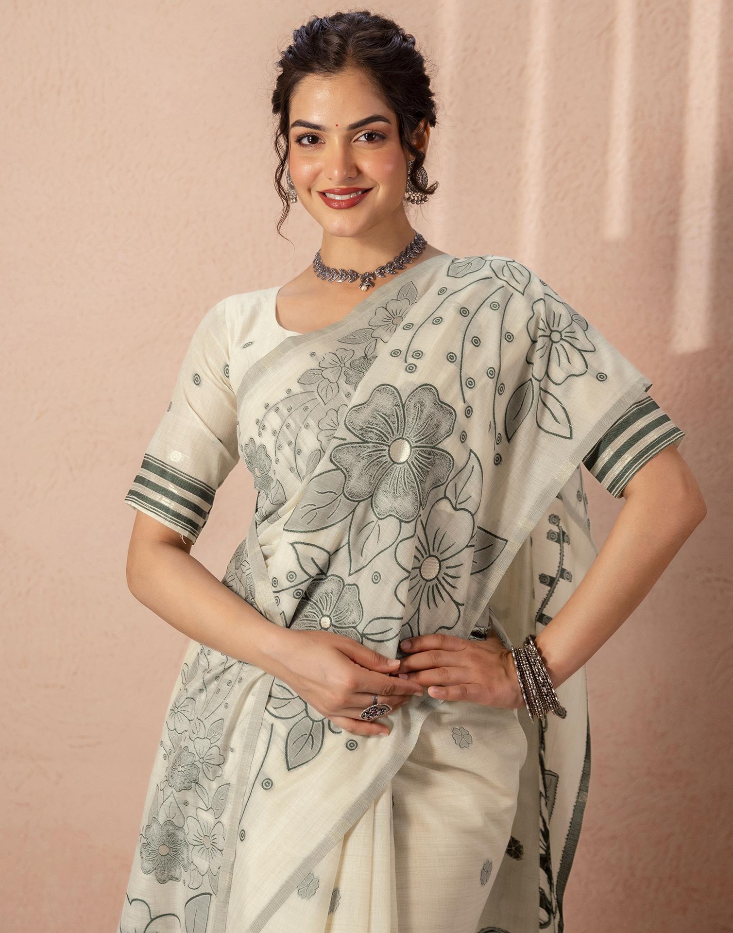 Beige Chanderi Cotton Woven Saree