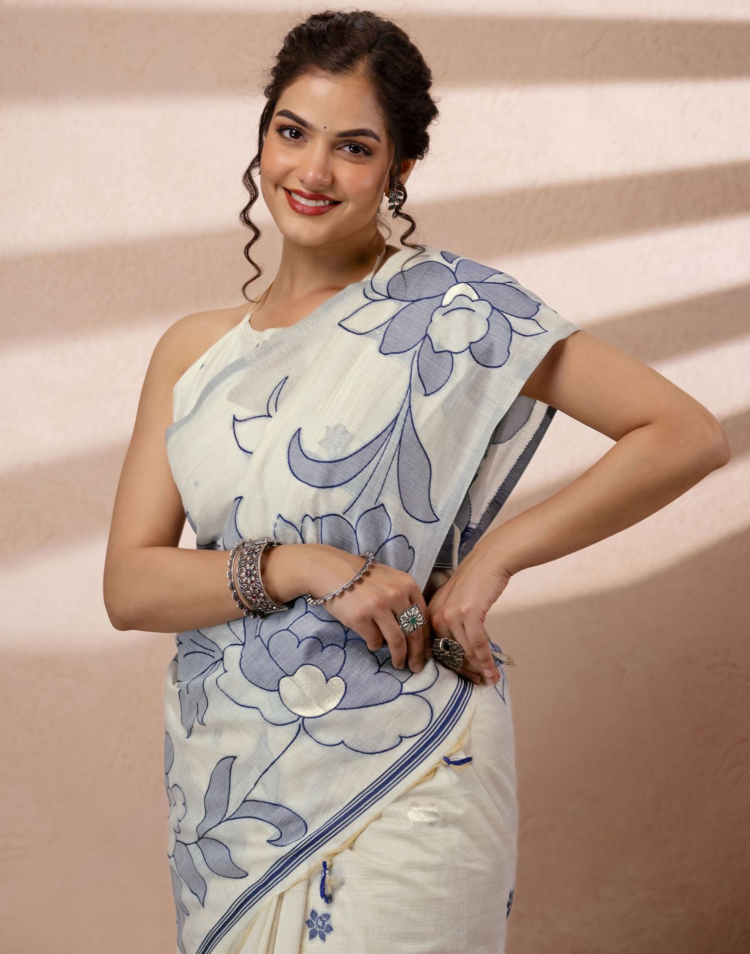 Beige Chanderi Cotton Woven Saree