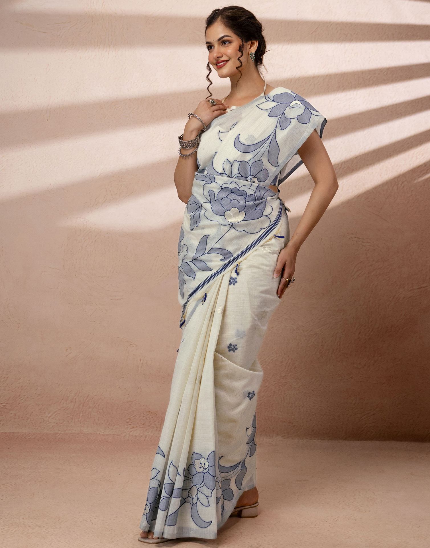 Beige Chanderi Cotton Woven Saree