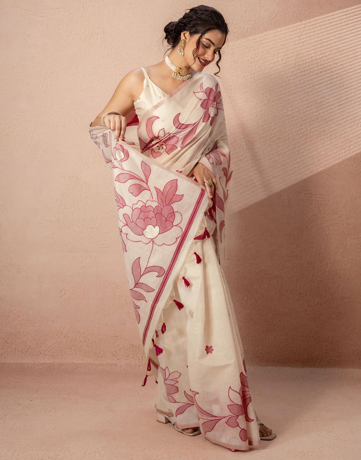 Beige Chanderi Cotton Woven Saree