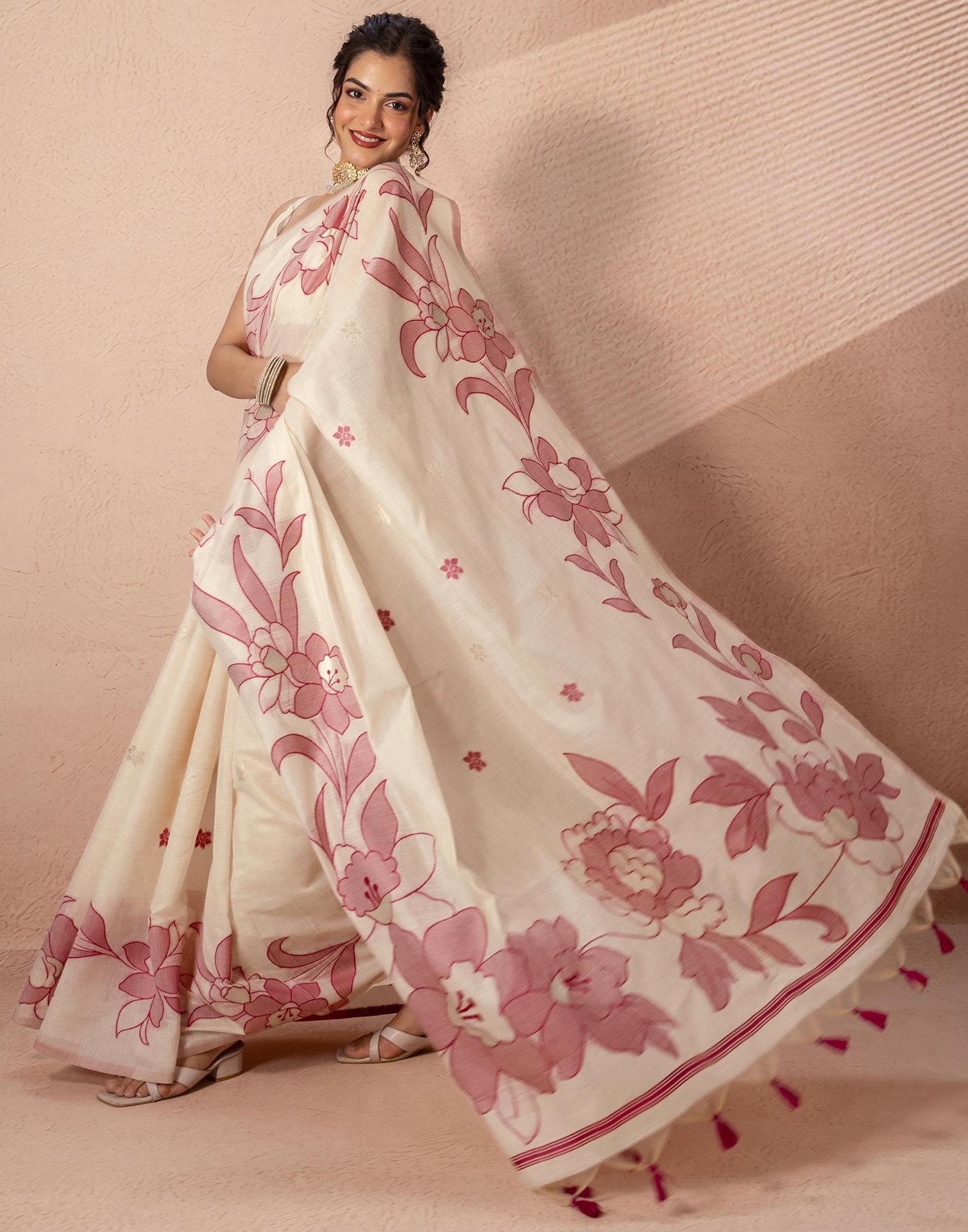 Beige Chanderi Cotton Woven Saree