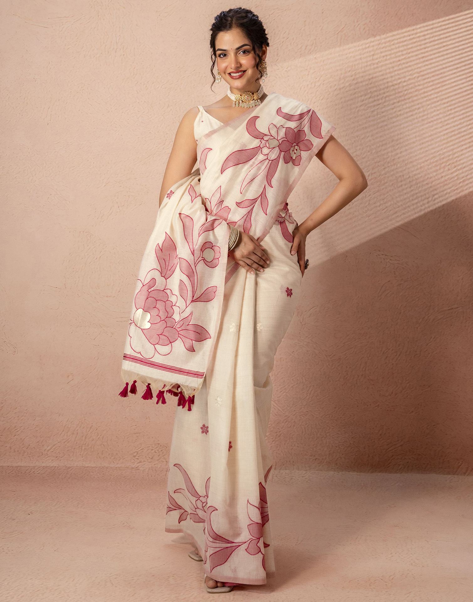 Beige Chanderi Cotton Woven Saree