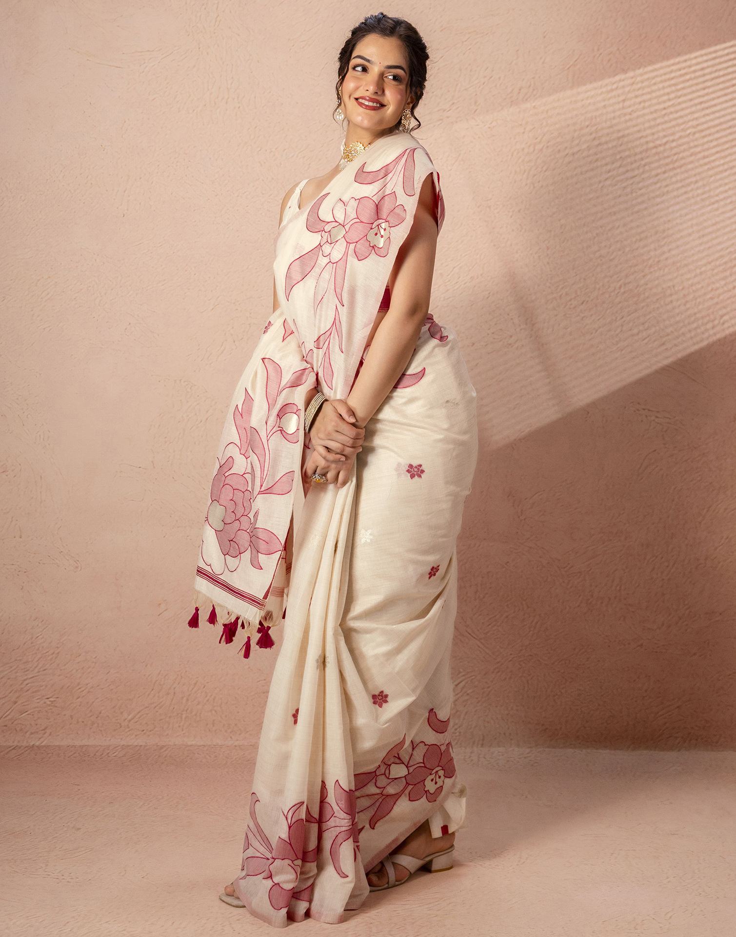 Beige Chanderi Cotton Woven Saree