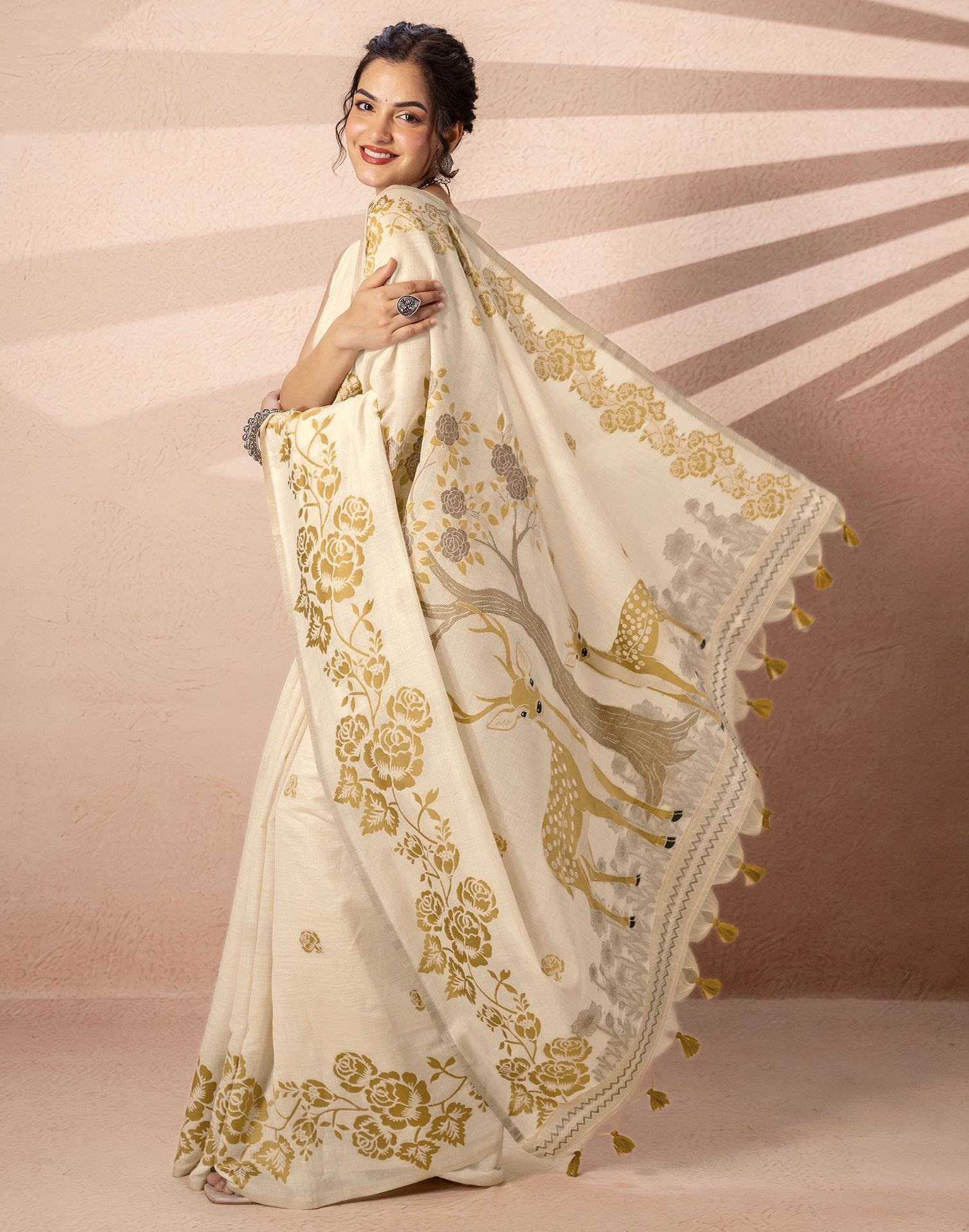 Beige Chanderi Cotton Woven Saree