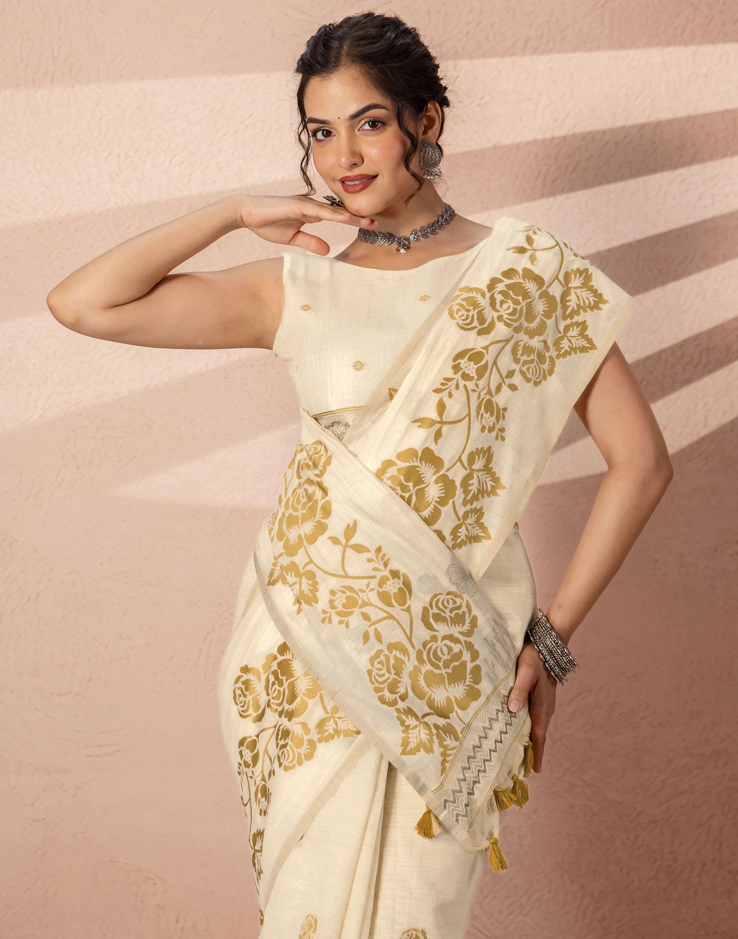 Beige Chanderi Cotton Woven Saree
