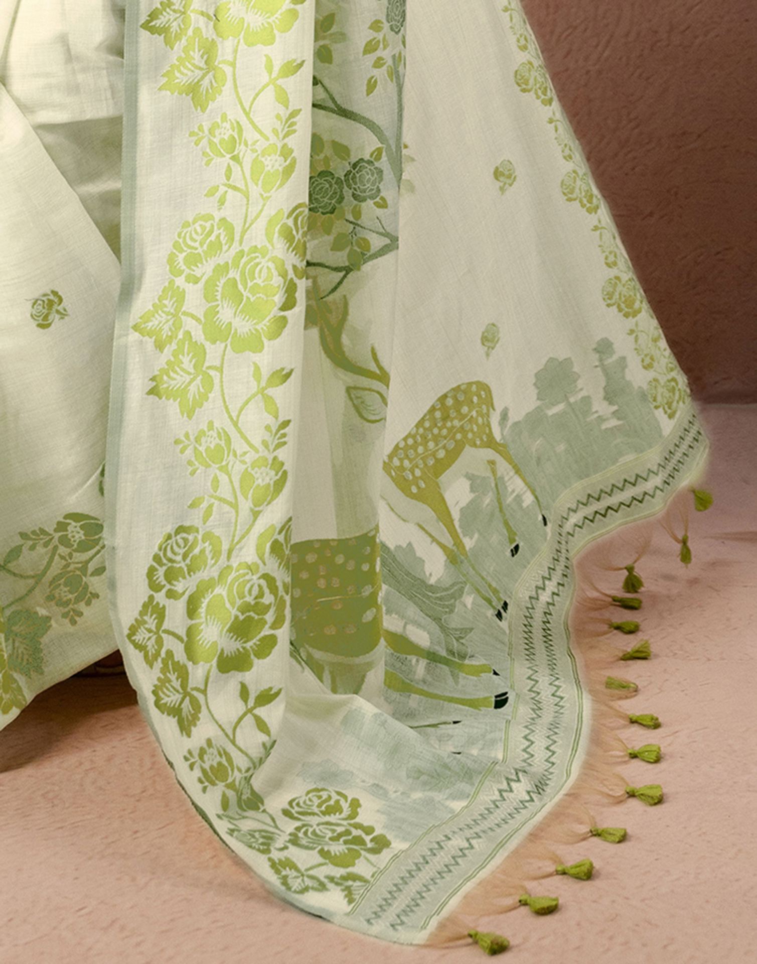 Beige Chanderi Cotton Woven Saree