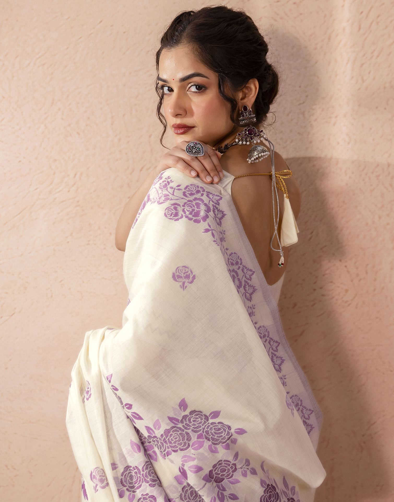 Beige Chanderi Cotton Woven Saree