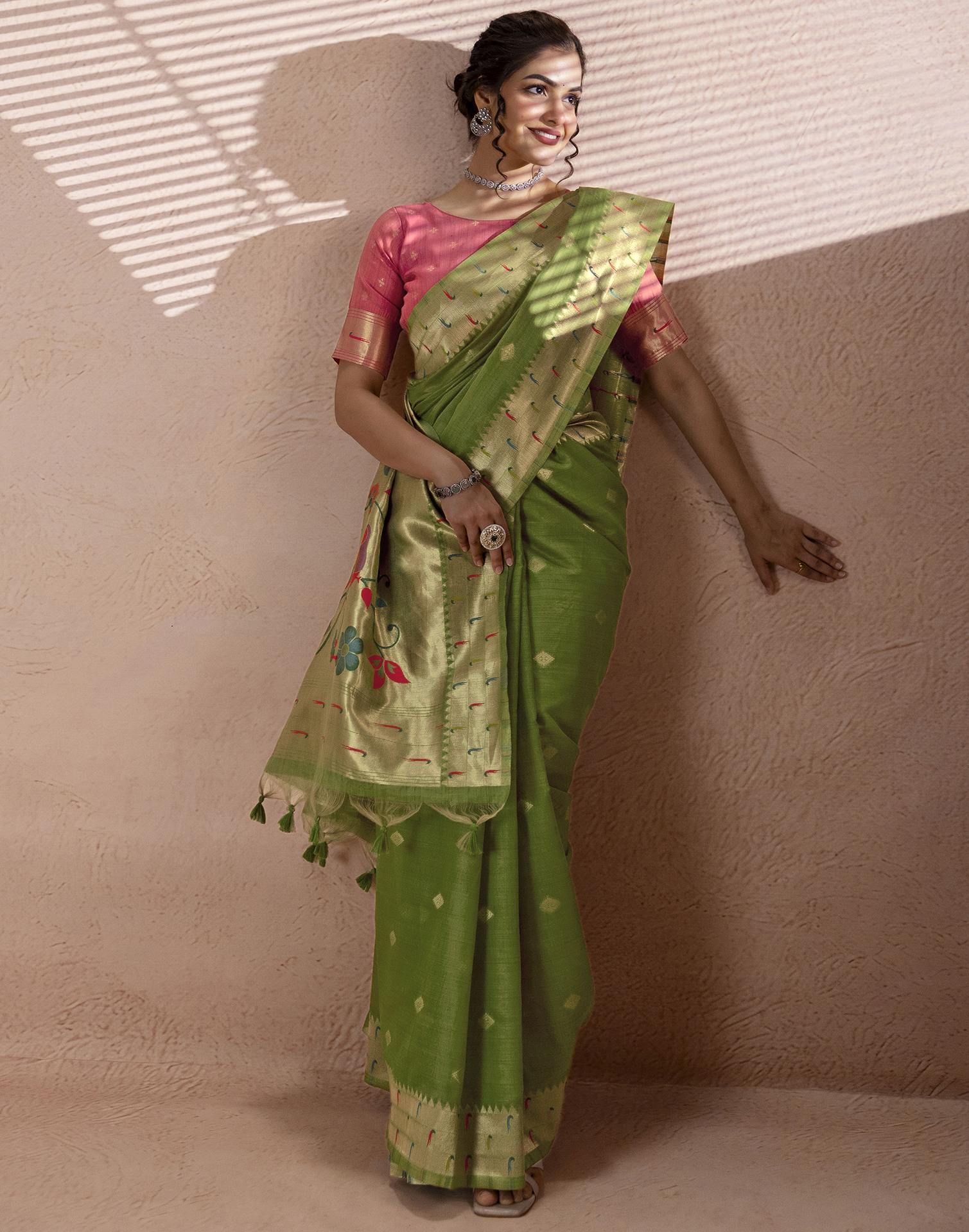 Green Chanderi Cotton Woven Paithani Saree