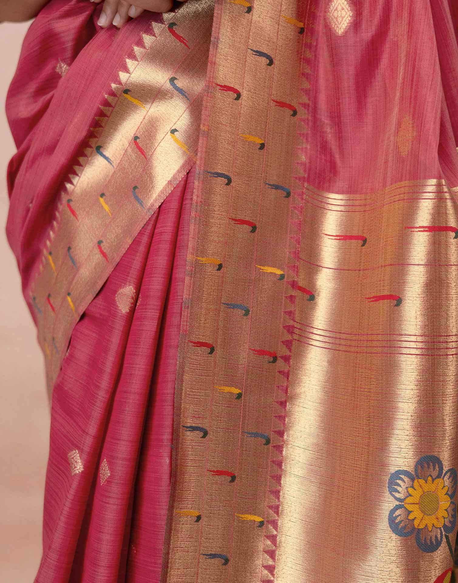 Dark Rose Pink Chanderi Cotton Woven Paithani Saree
