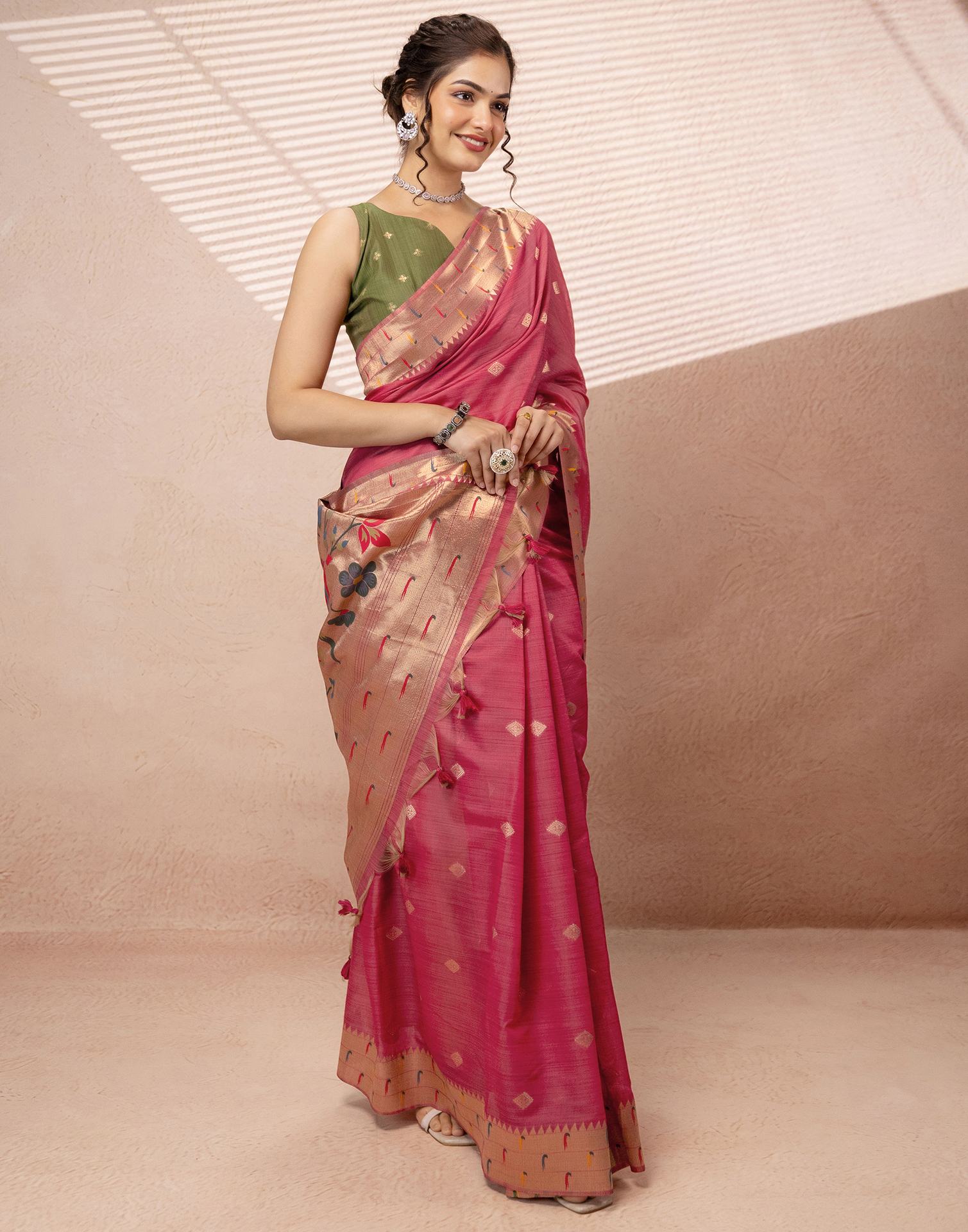 Dark Rose Pink Chanderi Cotton Woven Paithani Saree