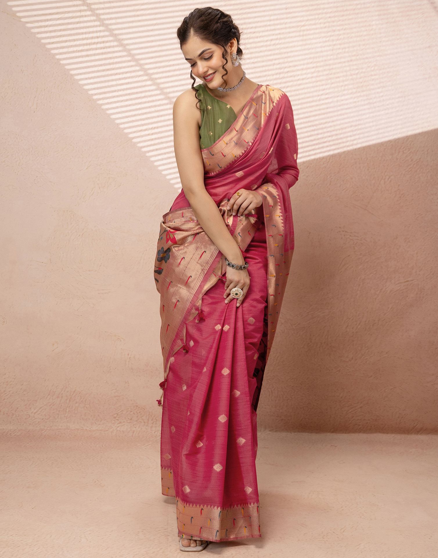 Dark Rose Pink Chanderi Cotton Woven Paithani Saree