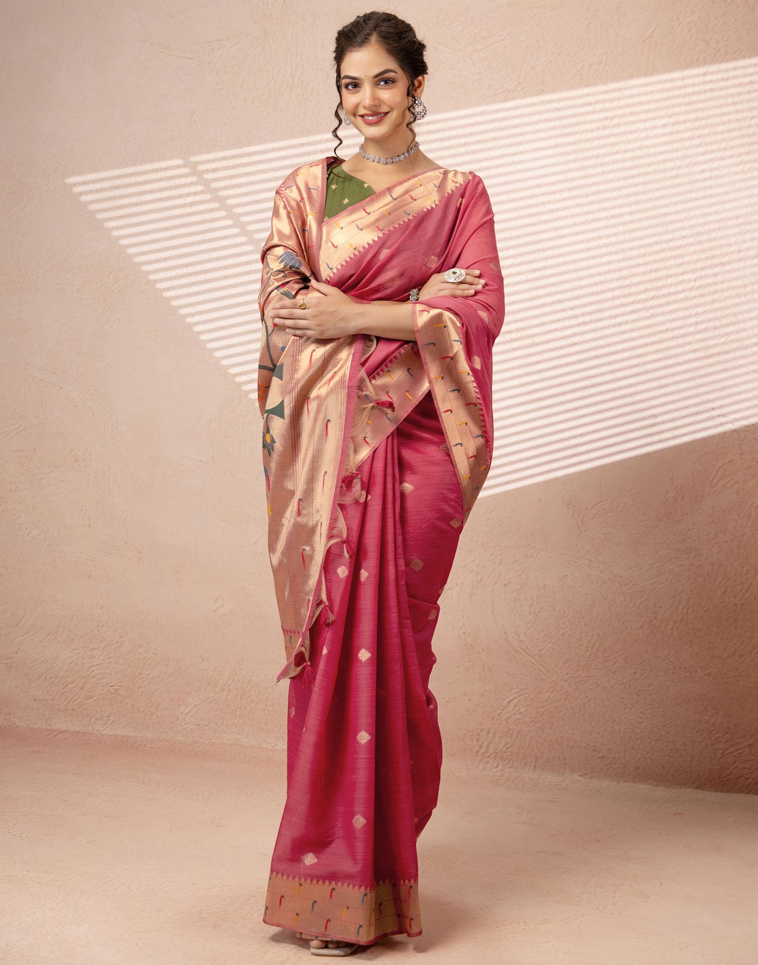 Dark Rose Pink Chanderi Cotton Woven Paithani Saree