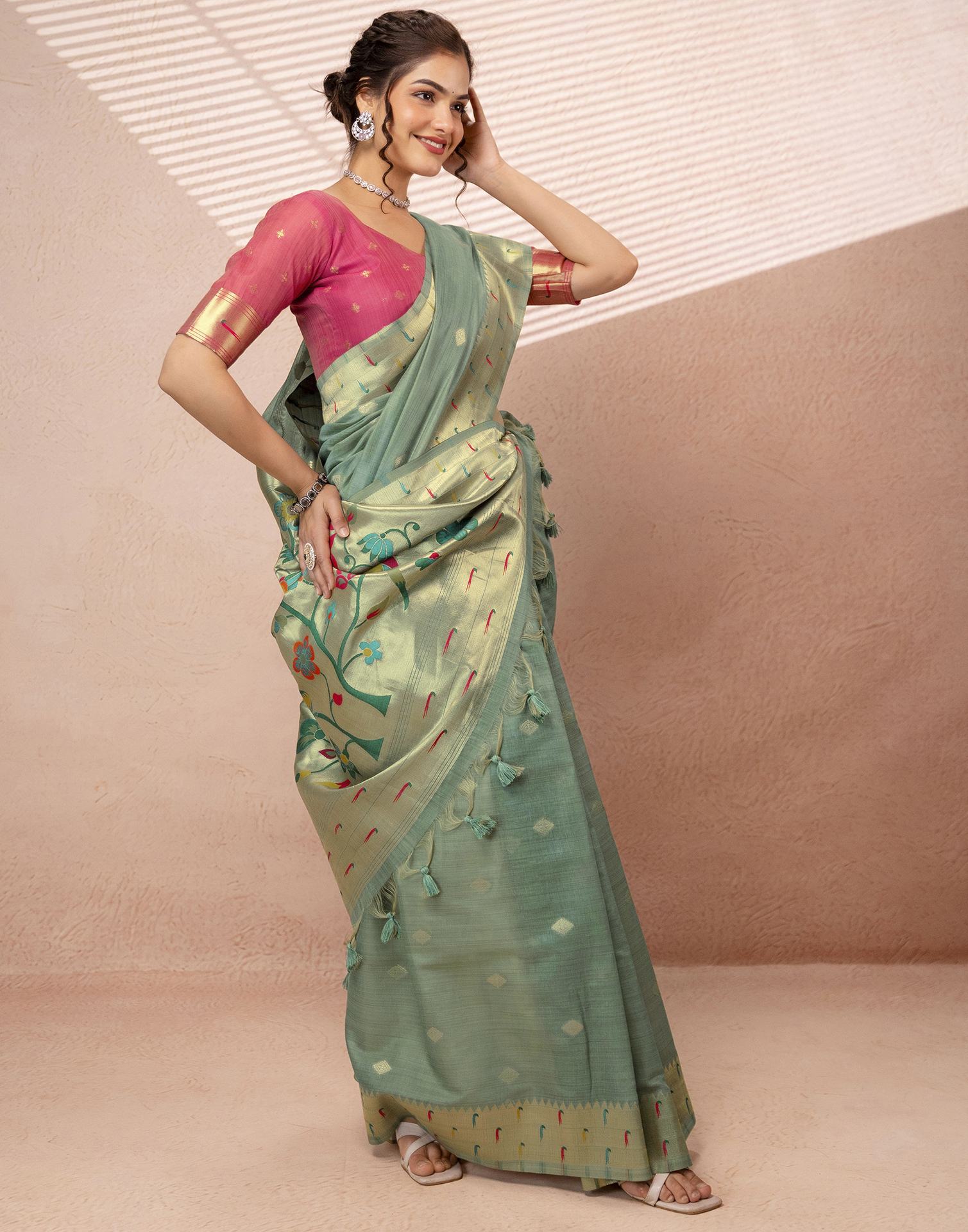 Dusty Mint Green Chanderi Cotton Woven Paithani Saree
