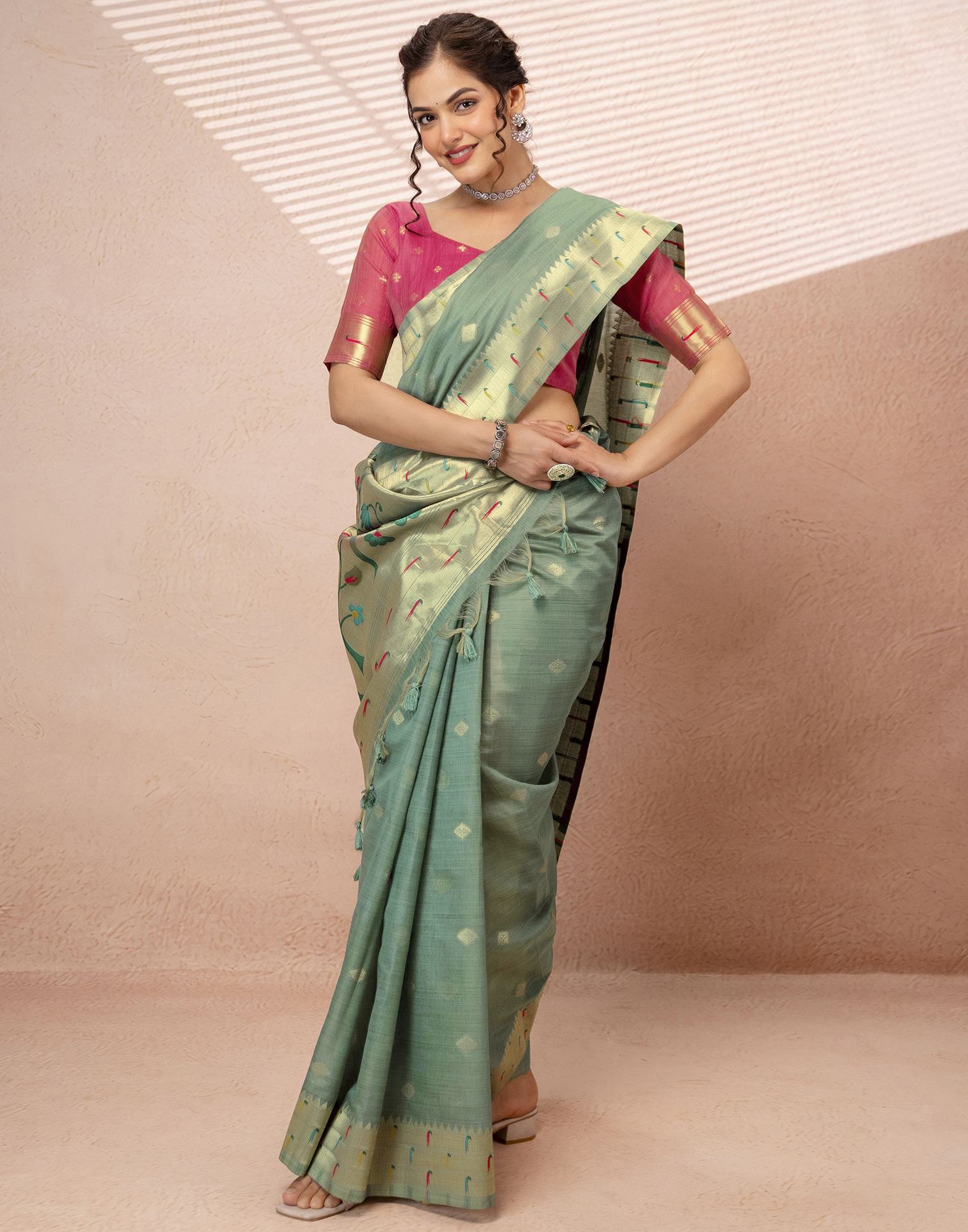 Dusty Mint Green Chanderi Cotton Woven Paithani Saree