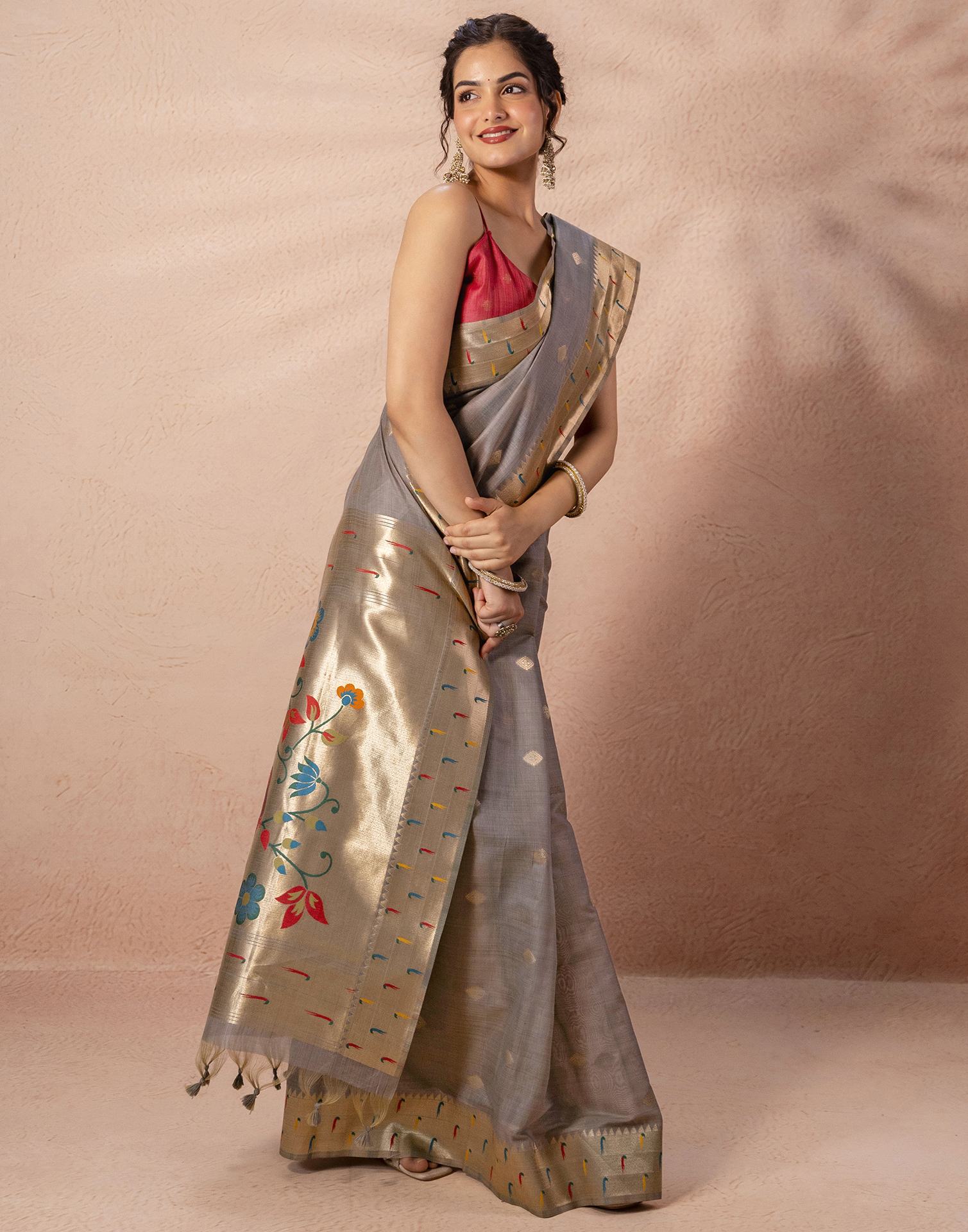 Grey Chanderi Cotton Woven Paithani Saree