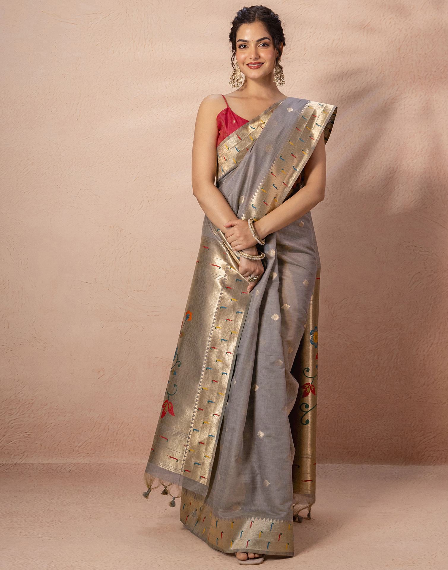Grey Chanderi Cotton Woven Paithani Saree